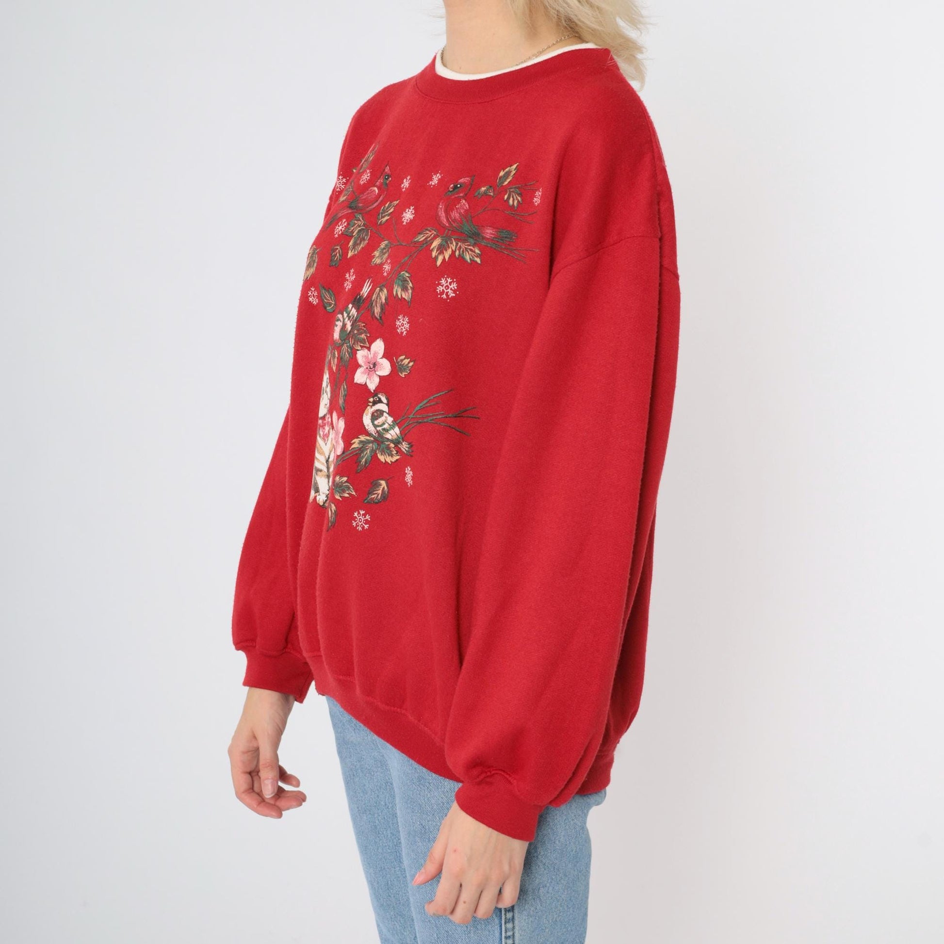 90s Cat Cardinal Sweatshirt Red Kitten Cherry Blossom Graphic Crewneck Medium M
