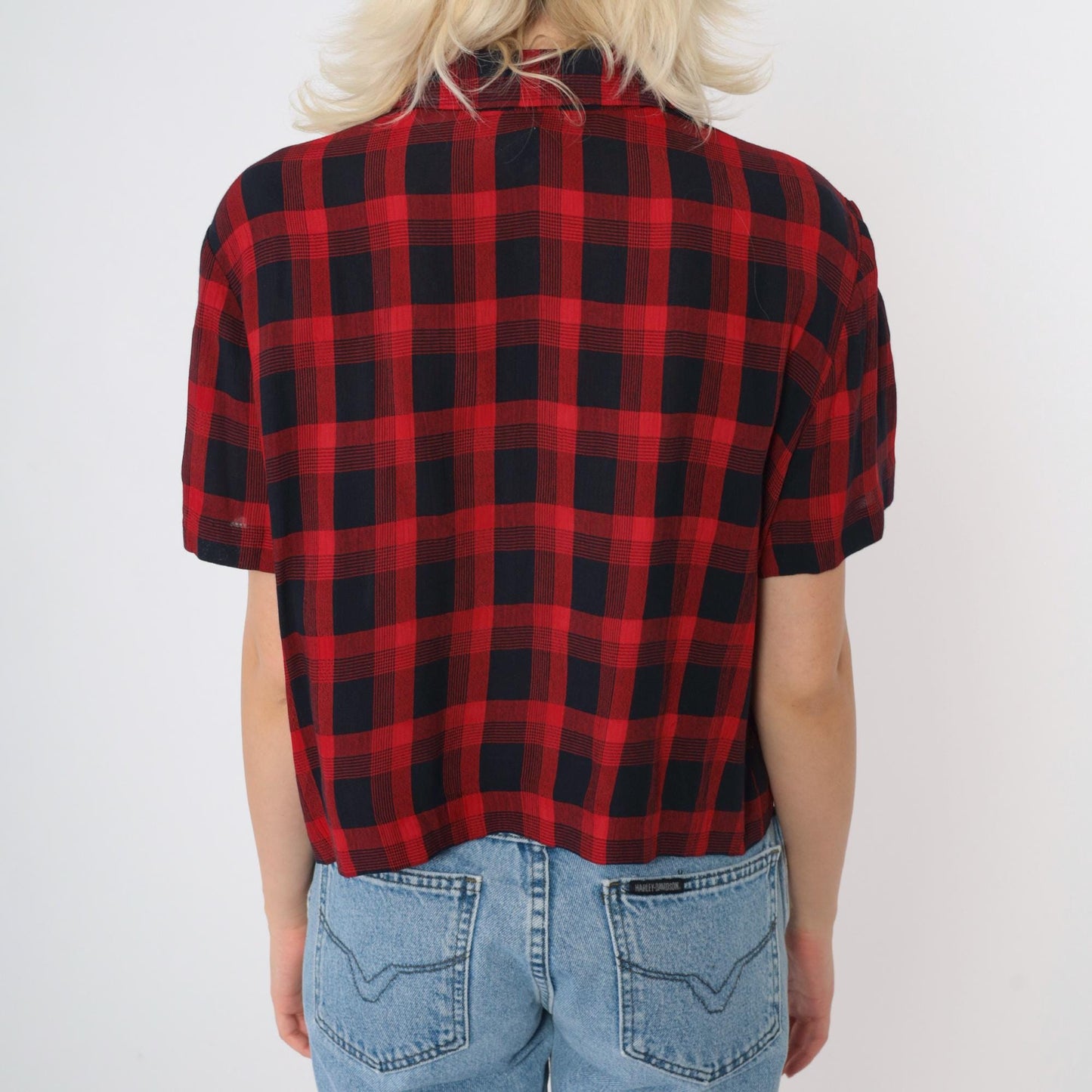 90s Jessica Howard Red Black Checkered Button-Up Blouse Short Sleeve Medium M