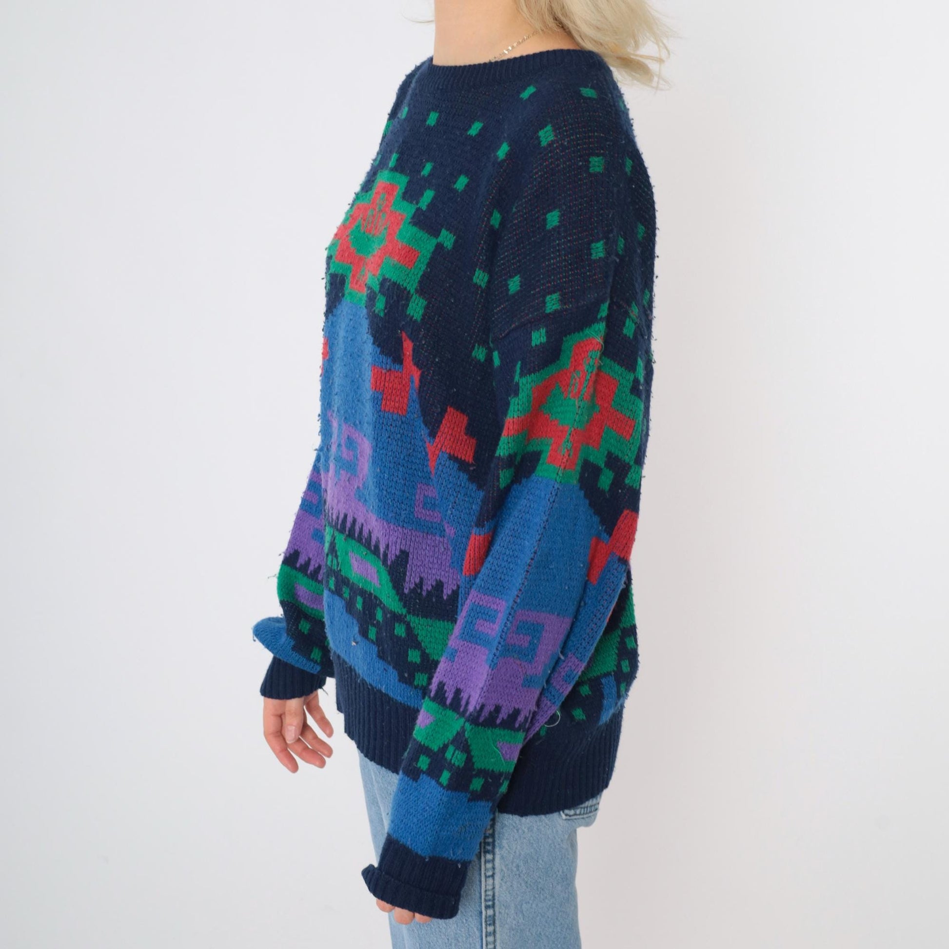 80s Sergio Geometric Sweater Navy Blue Red Green Abstract Crewneck Medium