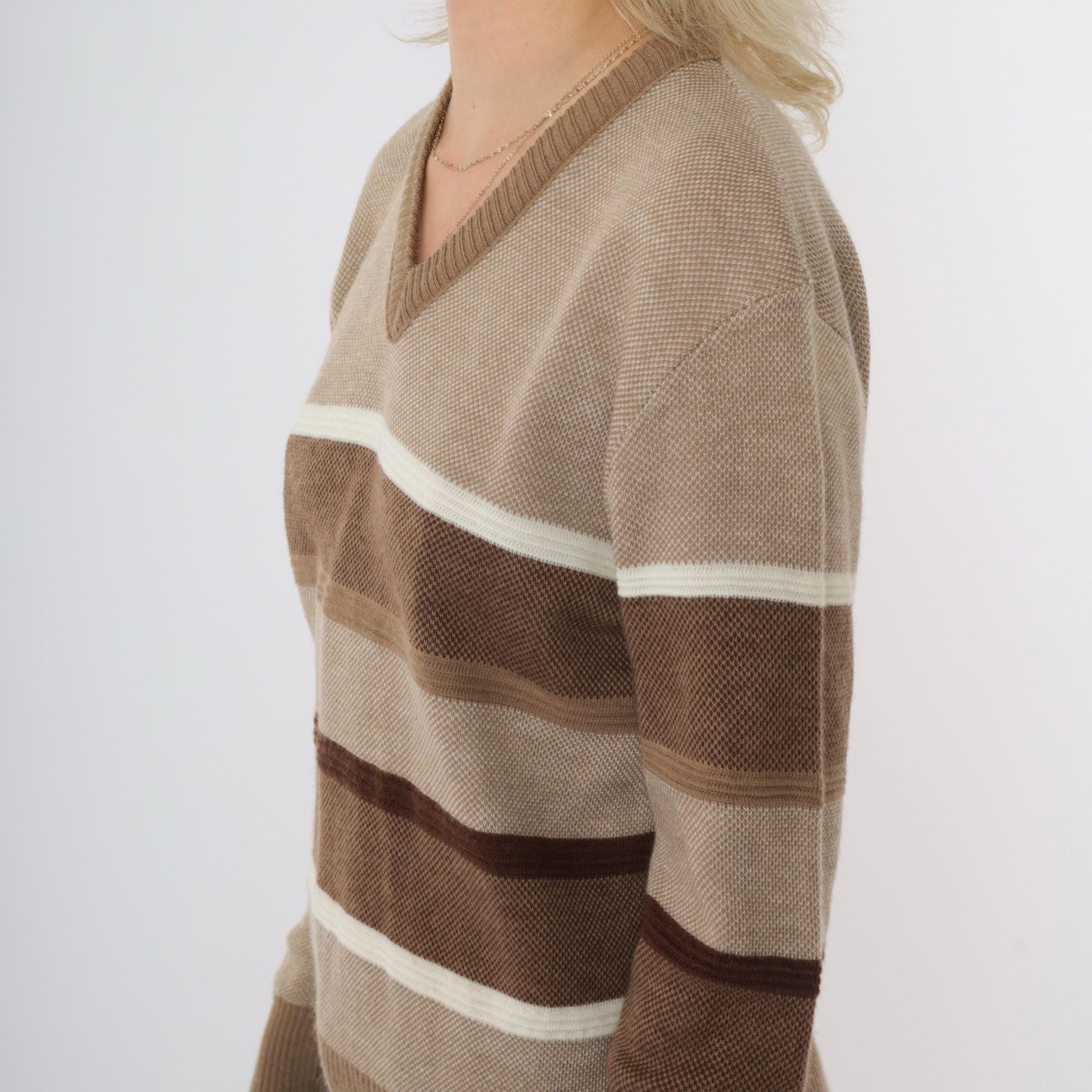 80s Tan Striped V-Neck Sweater Pullover Knit Small