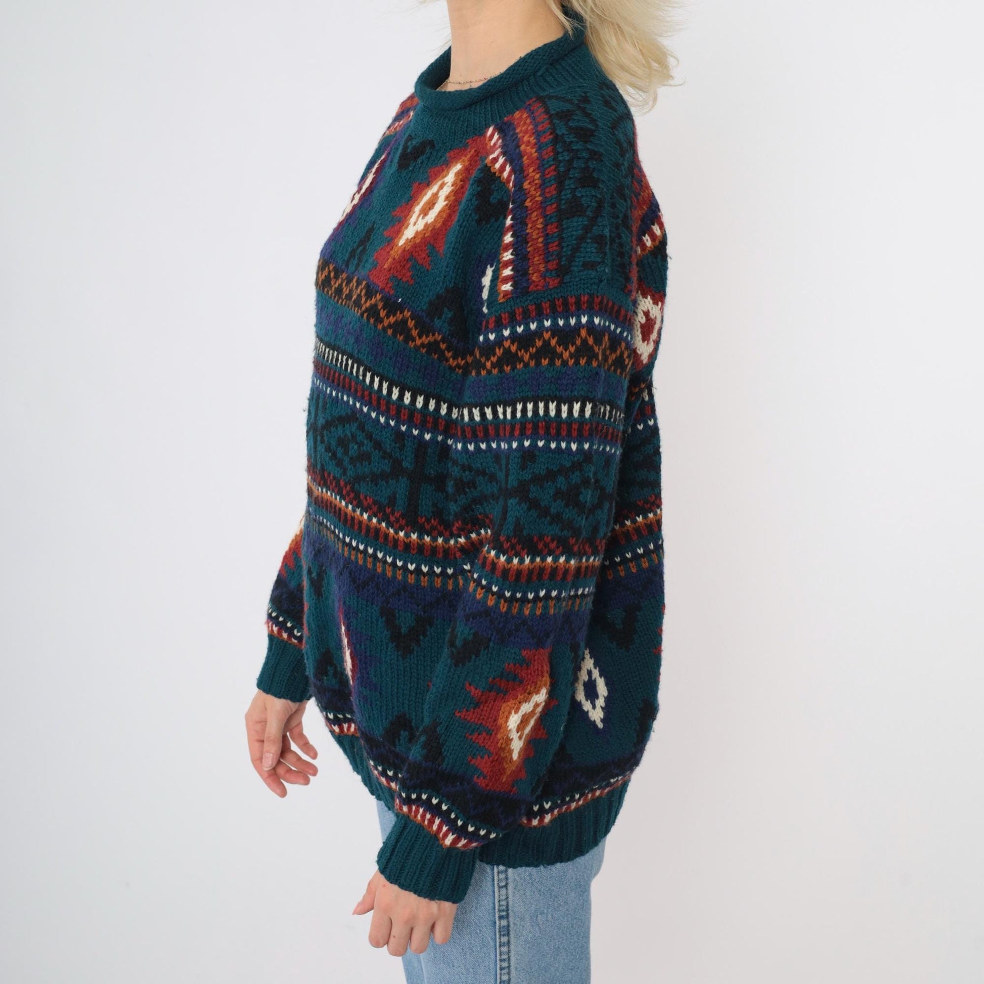 90s Early Winters Wool Southwestern Sweater Teal Geometric Roll Neck Medium M