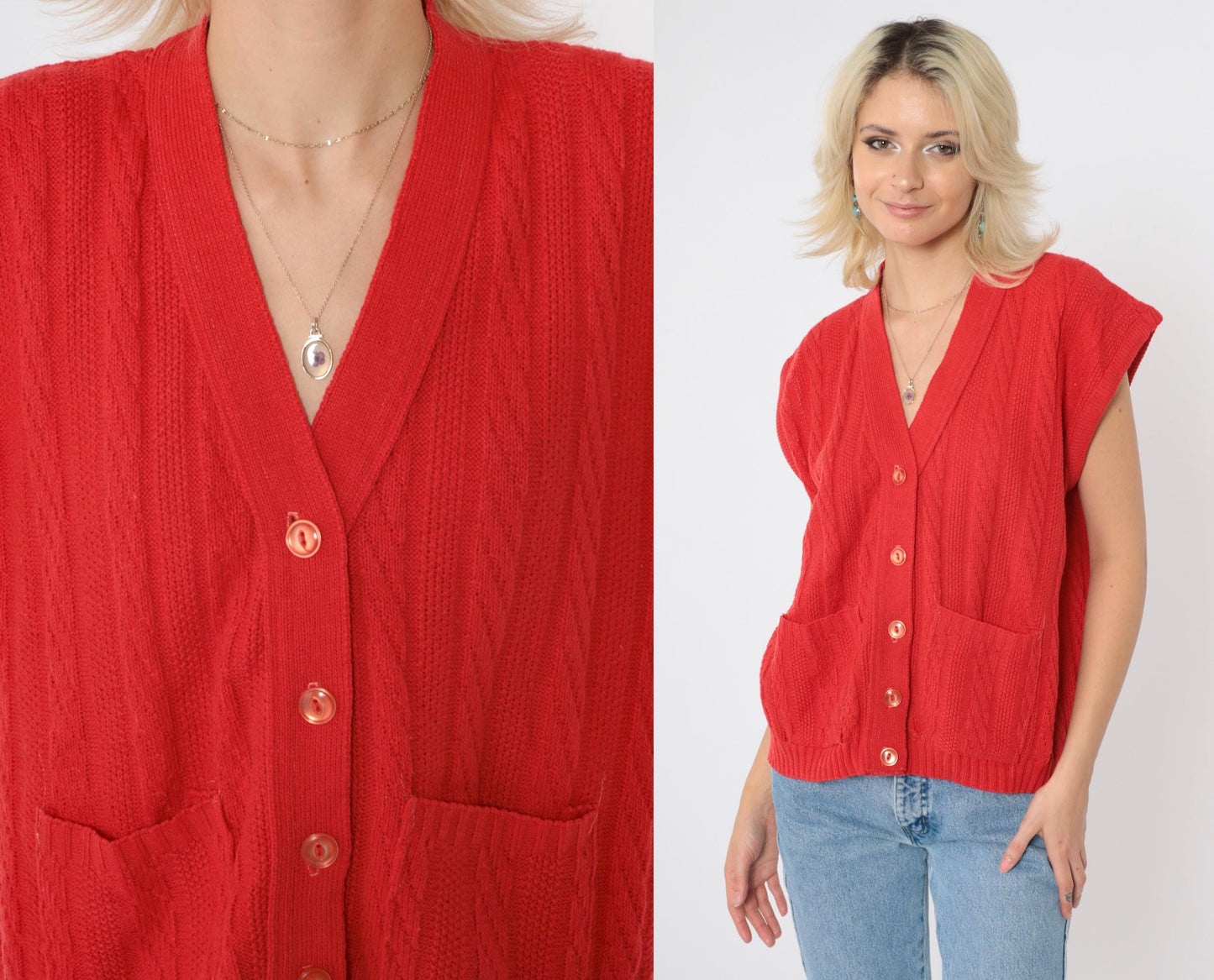 80s Red Cable Knit Vest Button-Up Cap Sleeve Top Medium Large