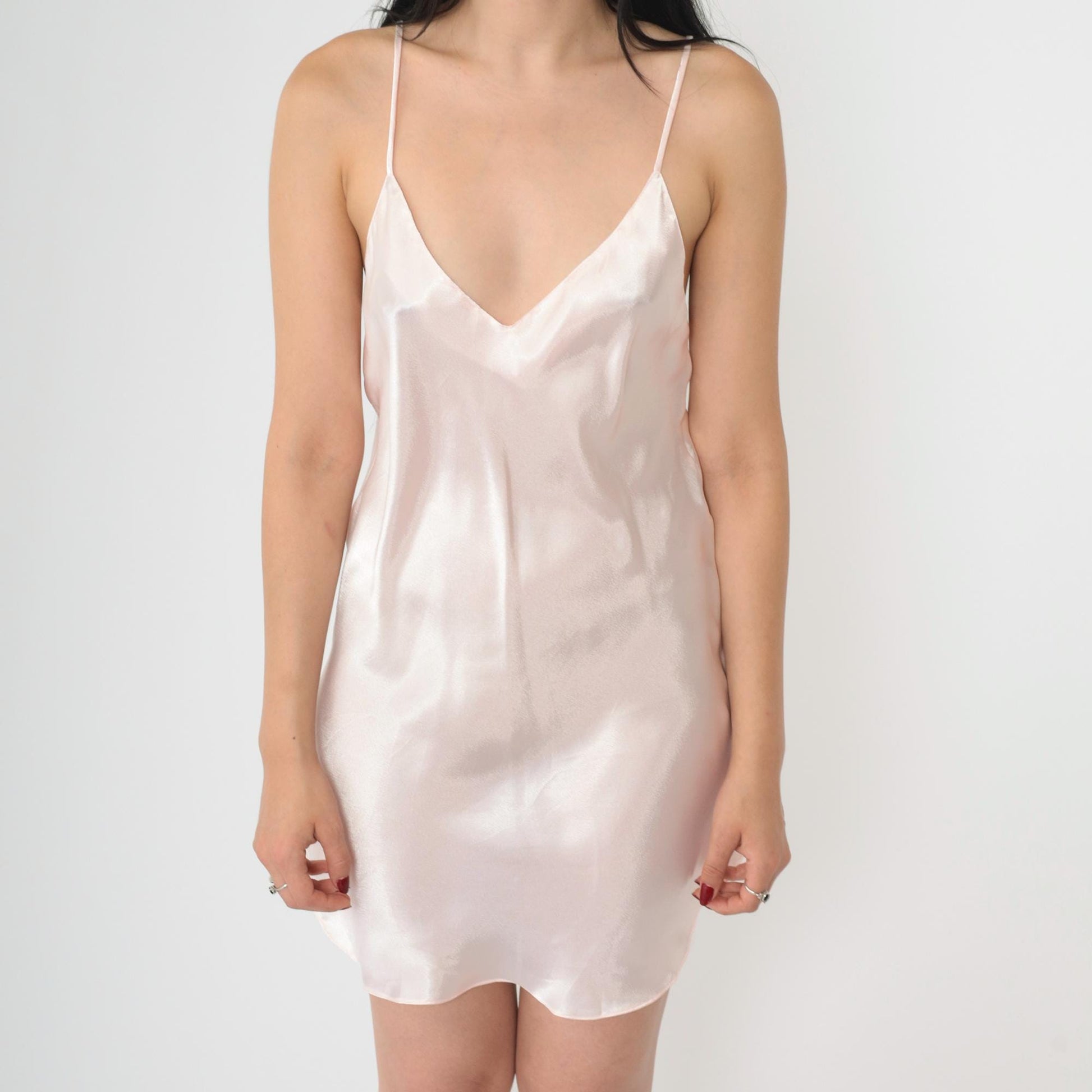 90s Baby Pink Satin Slip Dress V-Neck Spaghetti Strap Mini Medium M