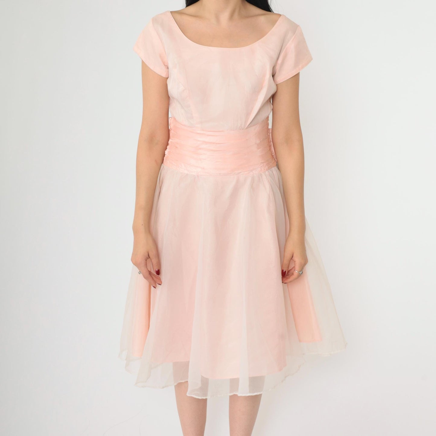 1950s Pink Taffeta Party Dress Chiffon Overlay Bow Back Knee Length Small