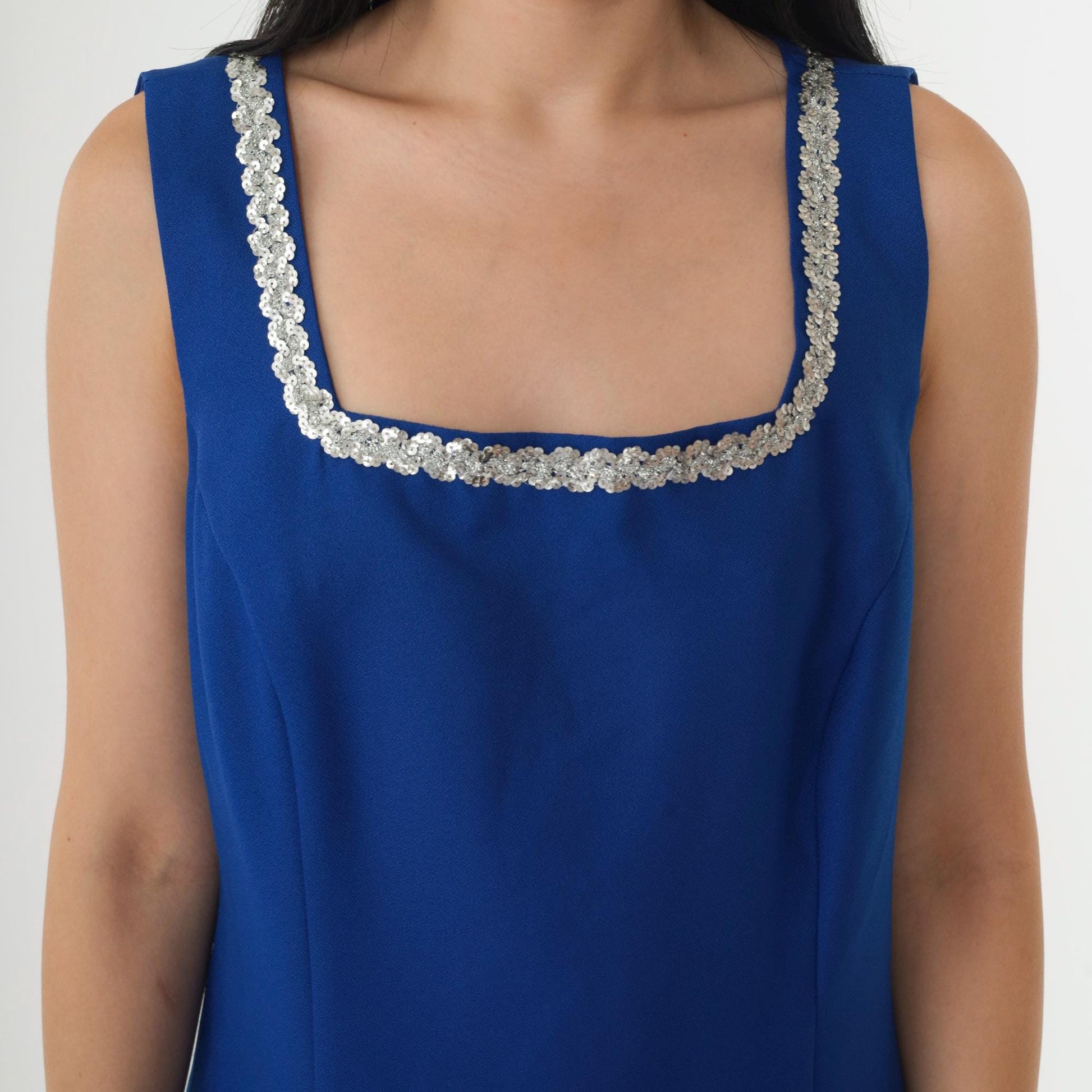 90s Royal Blue Fringe Sequin Mini Dress Square Neck Sleeveless Small
