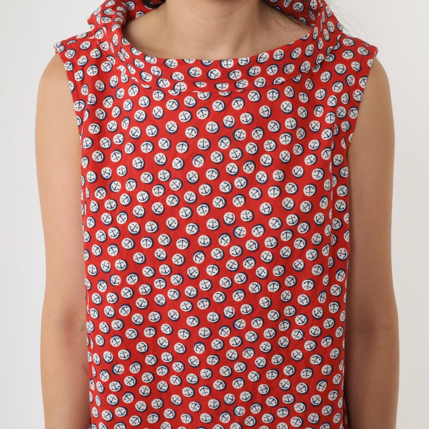 1960s Nautical Anchor Print Shift Dress Red Mini Sleeveless Medium M