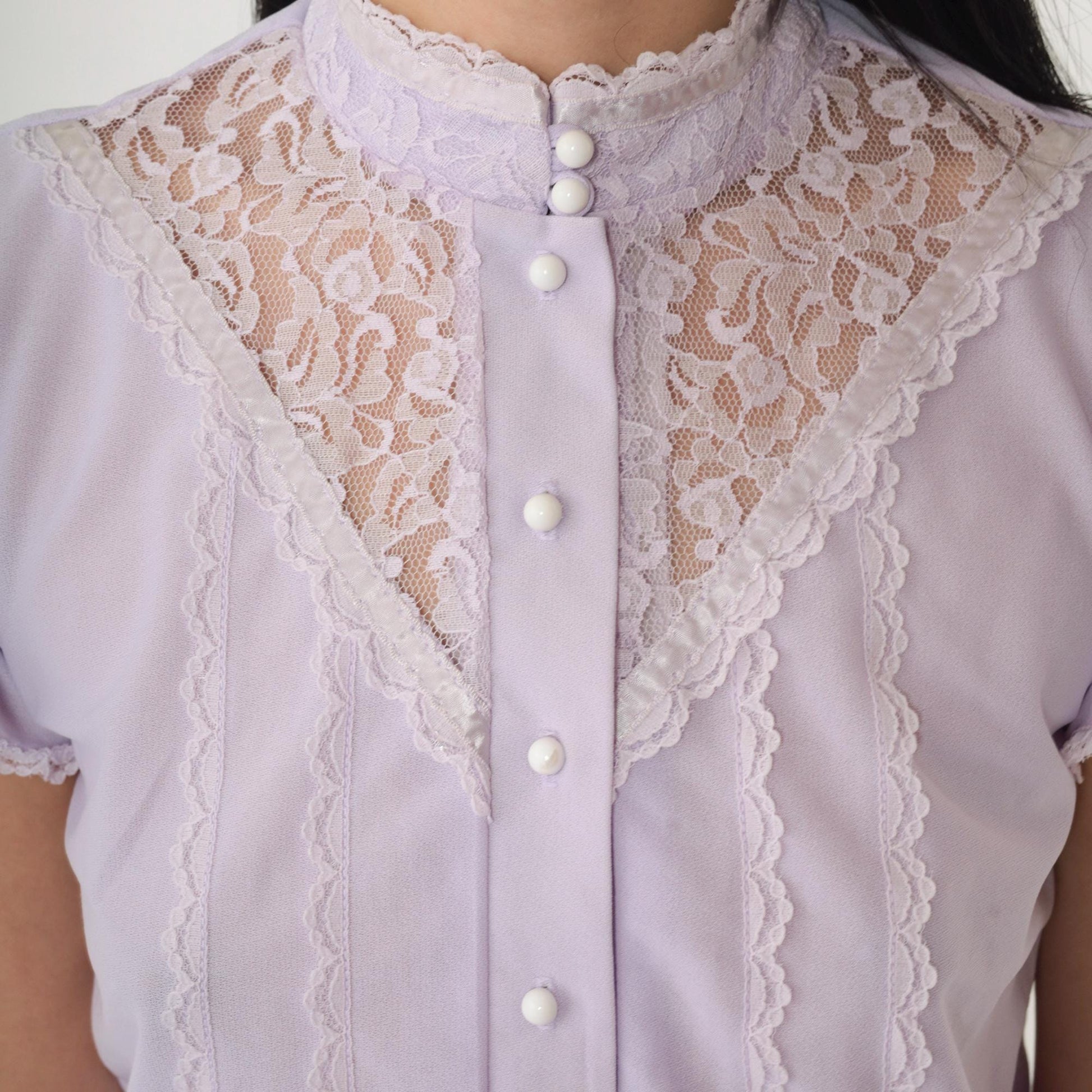 70s Lavender Midi Dress Lace Yoke Button Front Tulip Sleeve Small