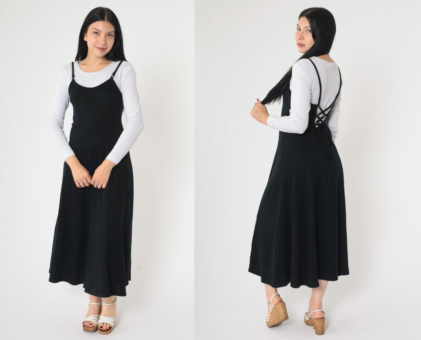90s Black Midi Dress White Lace-Up Back Attached Shirt Small