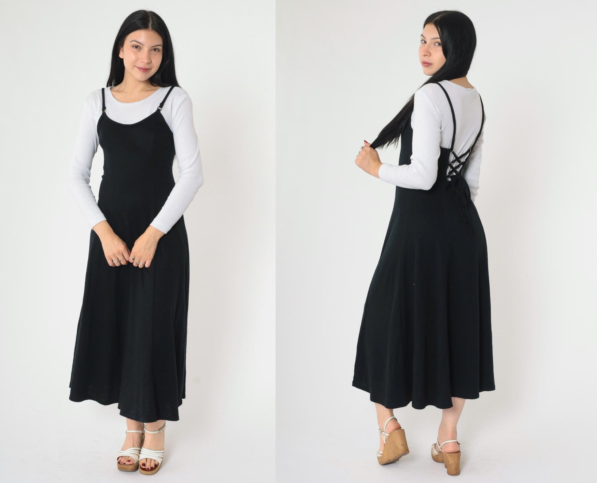 90s Black Midi Dress White Lace-Up Back Attached Shirt Small