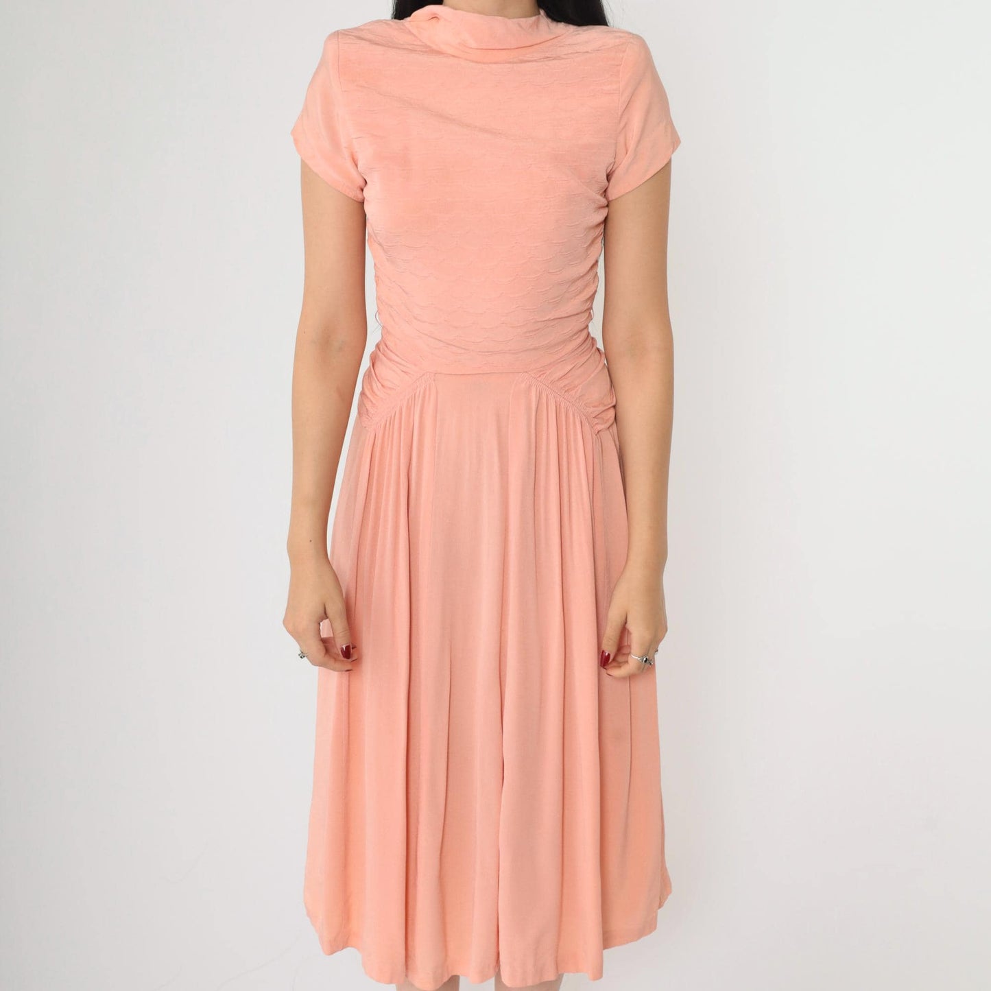 1940s Peach Party Dress Scalloped Bodice Ruched Waist Midi Extra Small