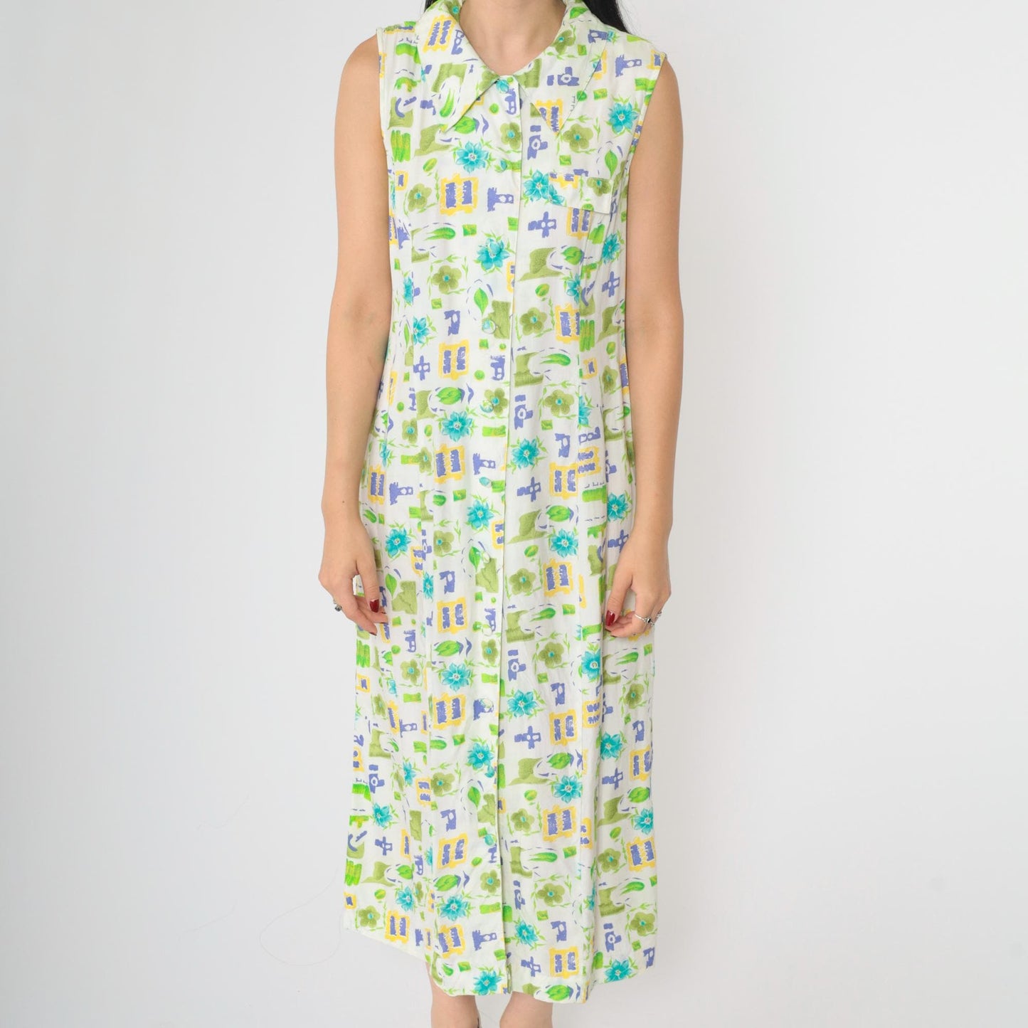 90s Floral Button-Up Dress White Green Blue Rayon Ankle Length Medium M