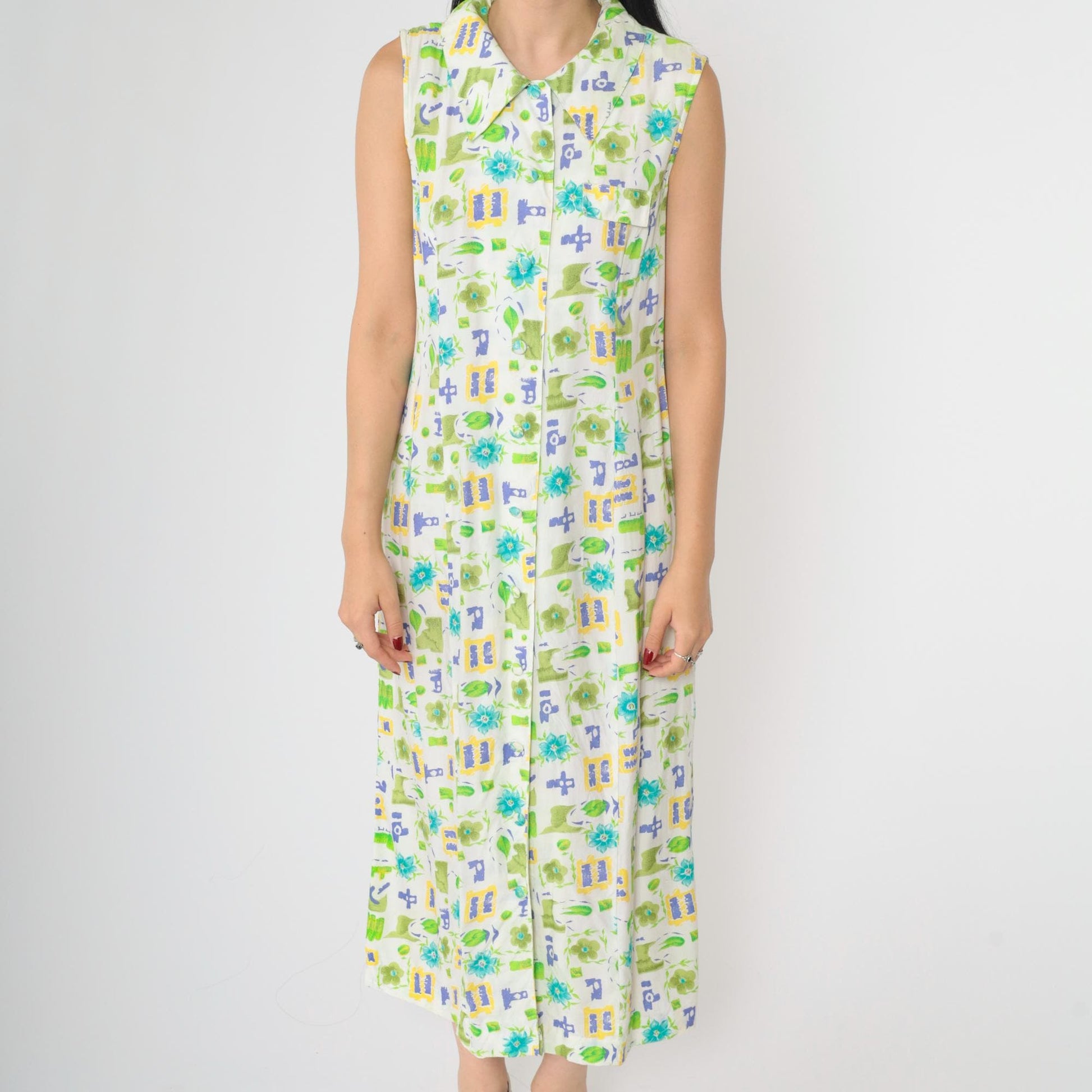 90s Floral Button-Up Dress White Green Blue Rayon Ankle Length Medium M