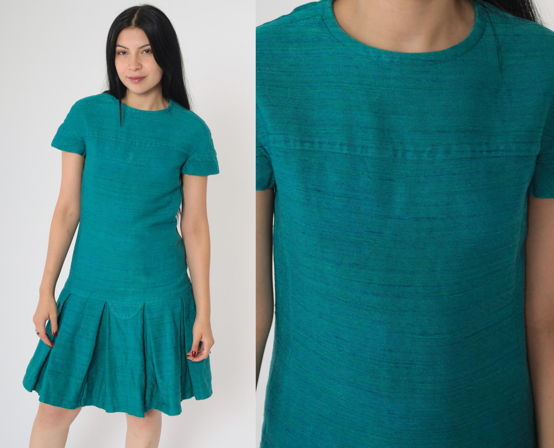 60s Mod Mini Dress Teal Drop Waist Pleated Short Sleeve Extra Small