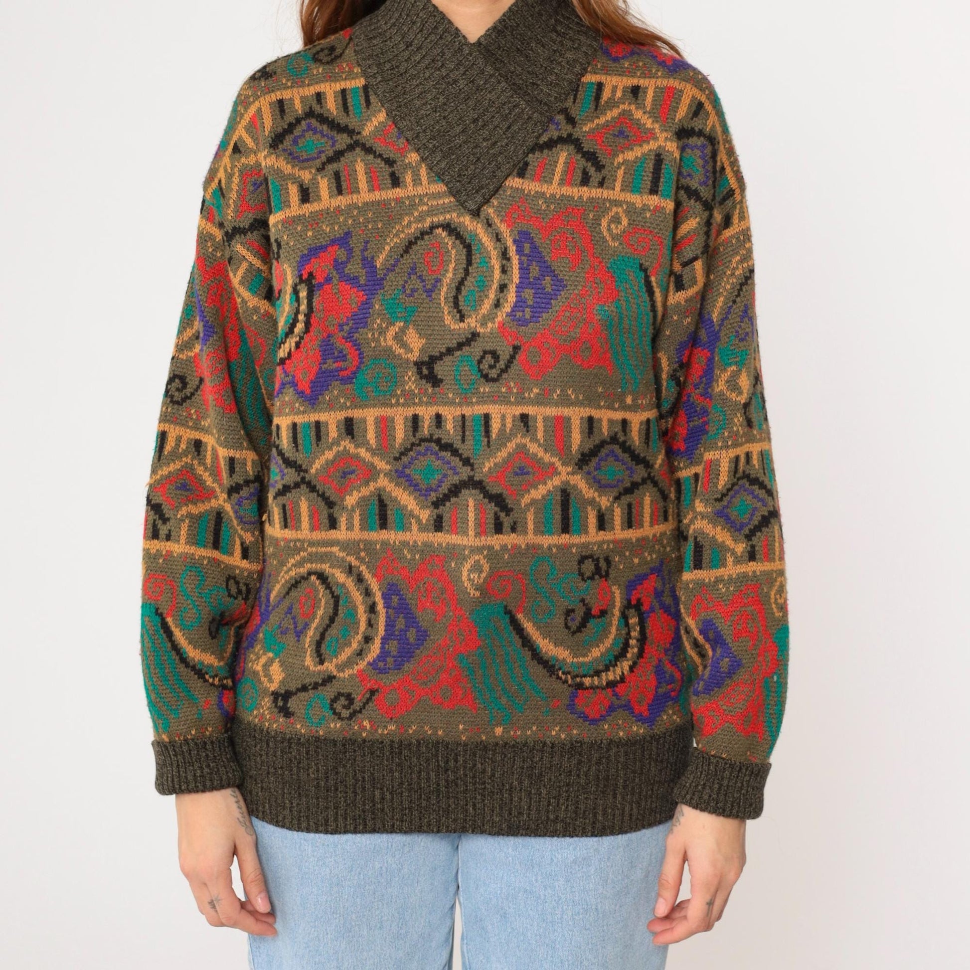 80s Meister Wool Blend Sweater Multicolor Paisley Shawl Collar Medium Large