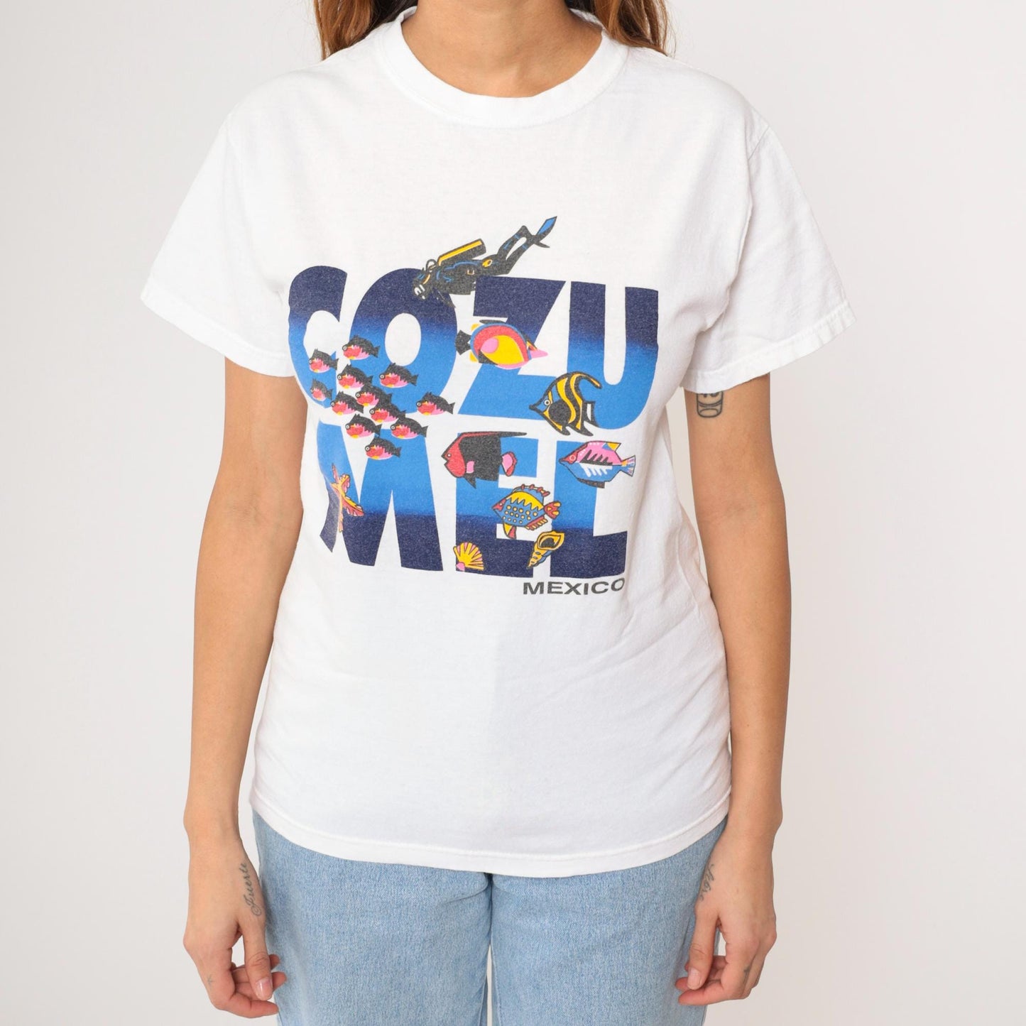 90s Cozumel Scuba Diving Tropical Fish Graphic T-Shirt White Cotton Small