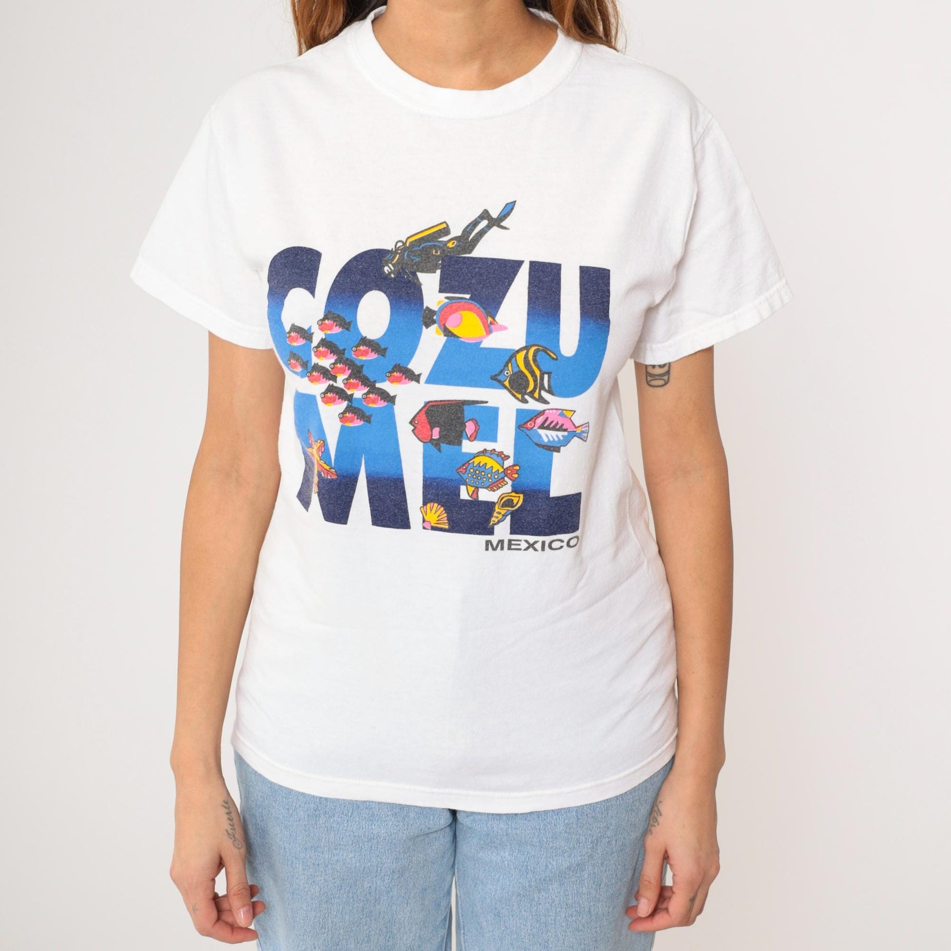 90s Cozumel Scuba Diving Tropical Fish Graphic T-Shirt White Cotton Small