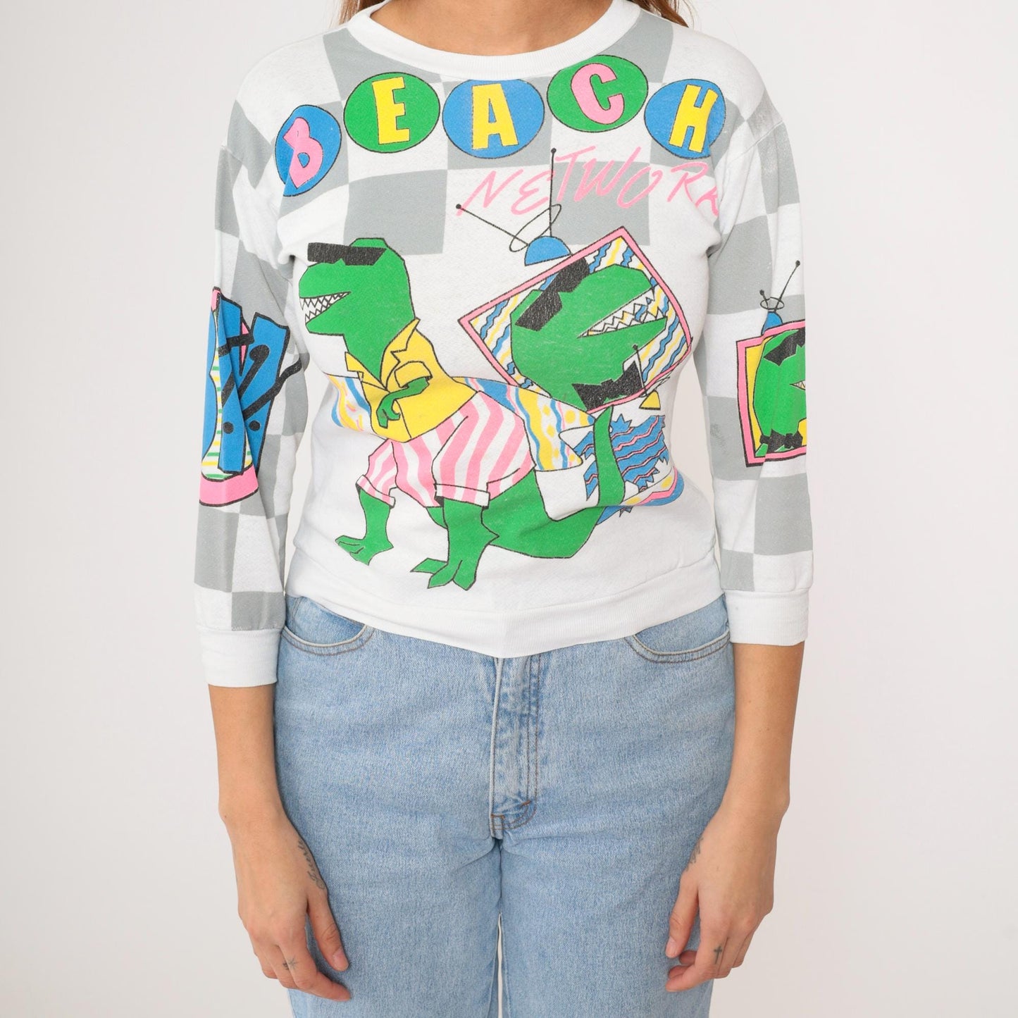 80s Beach Network Dinosaur T-Rex Sweatshirt Colorful All Over Print Extra Small