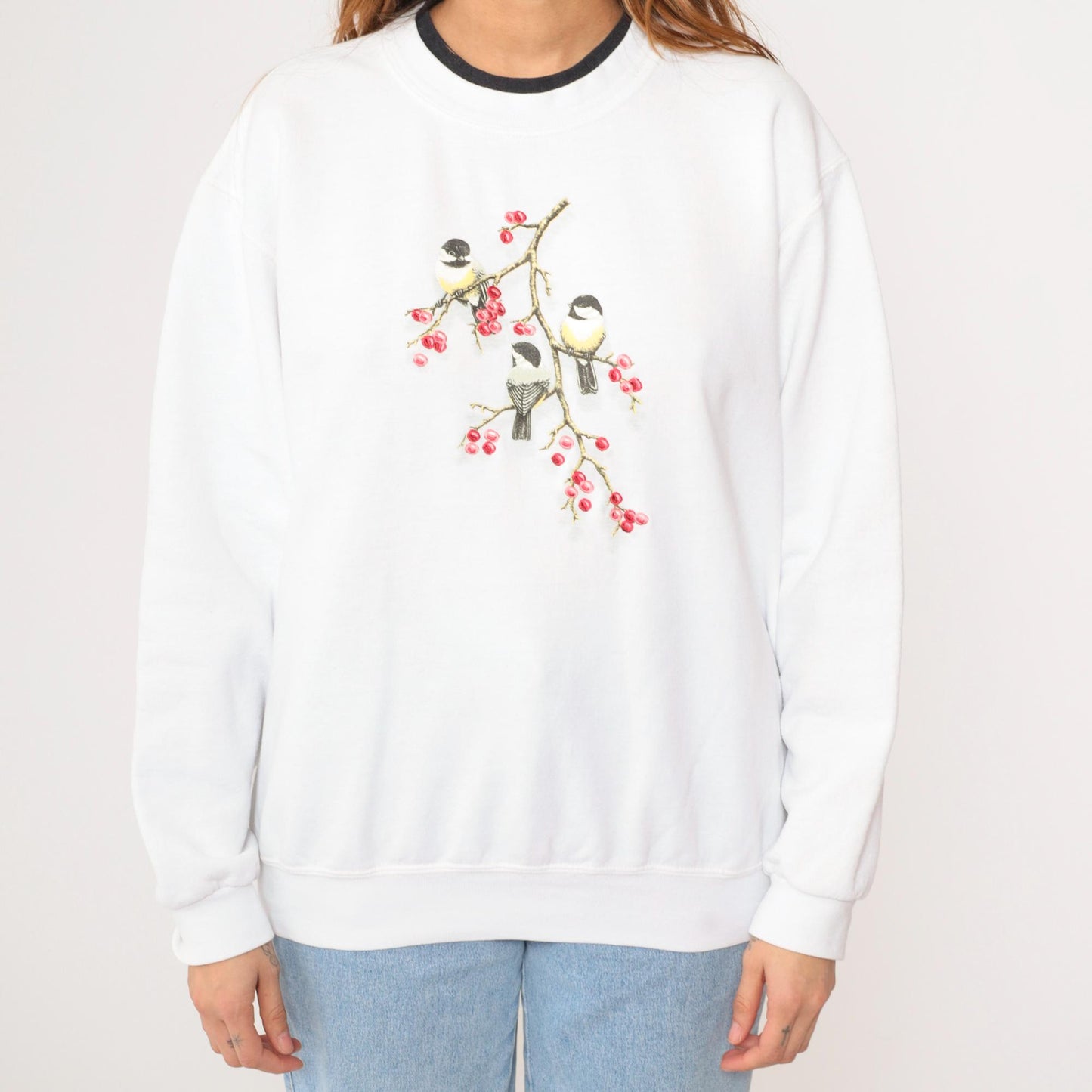 90s Chickadee Bird Sweatshirt White Double Collar Graphic Crewneck Large L