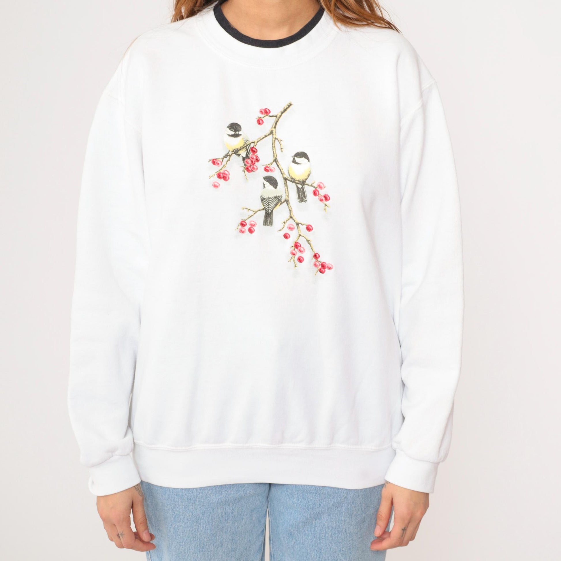 90s Chickadee Bird Sweatshirt White Double Collar Graphic Crewneck Large L