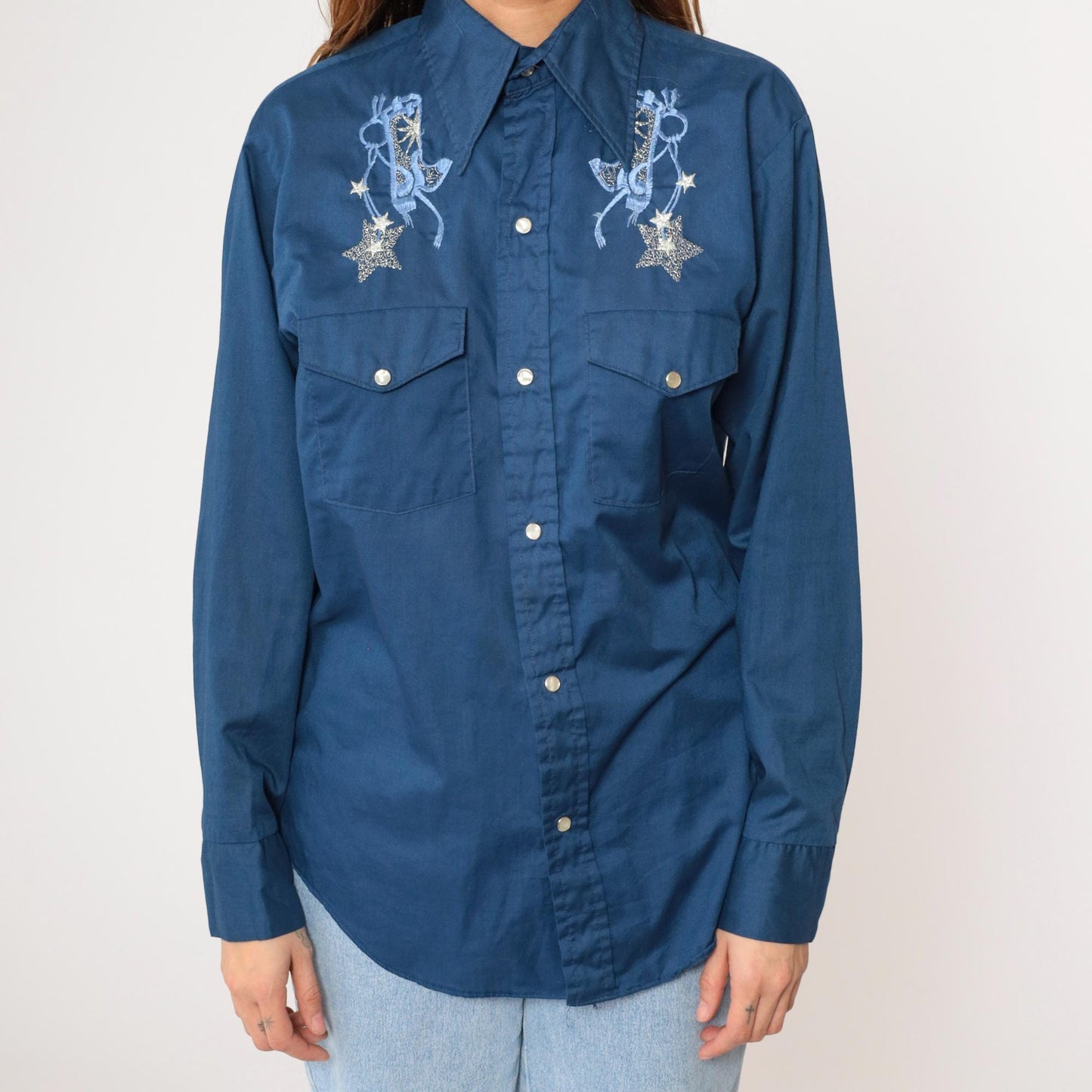 70s Western Shirt Embroidered Cowboy Boots Metallic Stars Pearl Snap Men's Medium