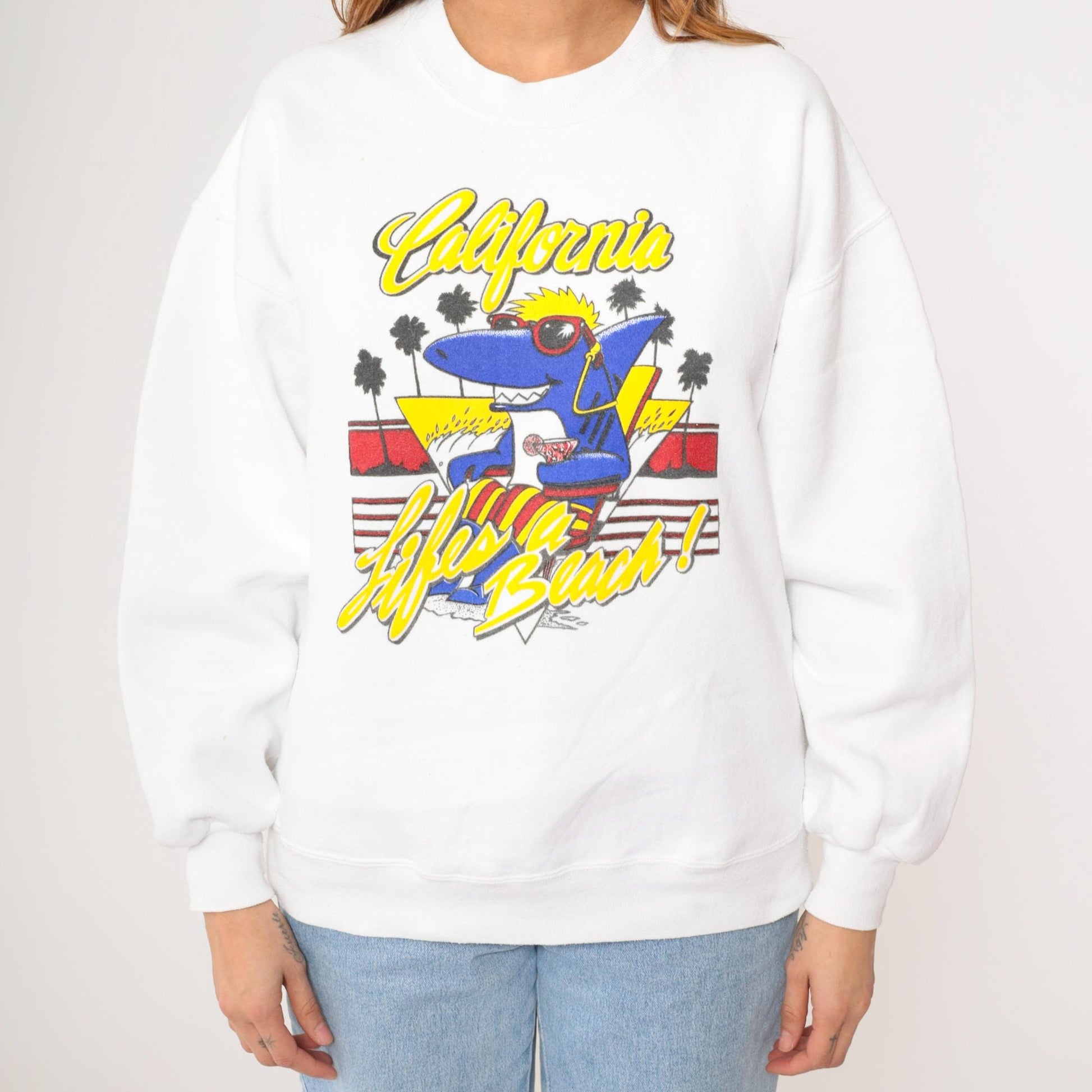 80s California Shark Sweatshirt Life's a Beach Graphic White Crewneck Extra Large XL