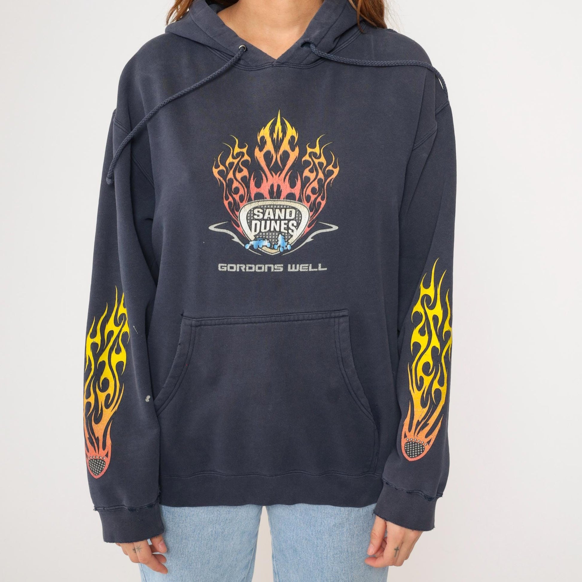 Y2K Gordons Well Sand Dunes Hoodie Navy Flame Graphic Pullover Small S