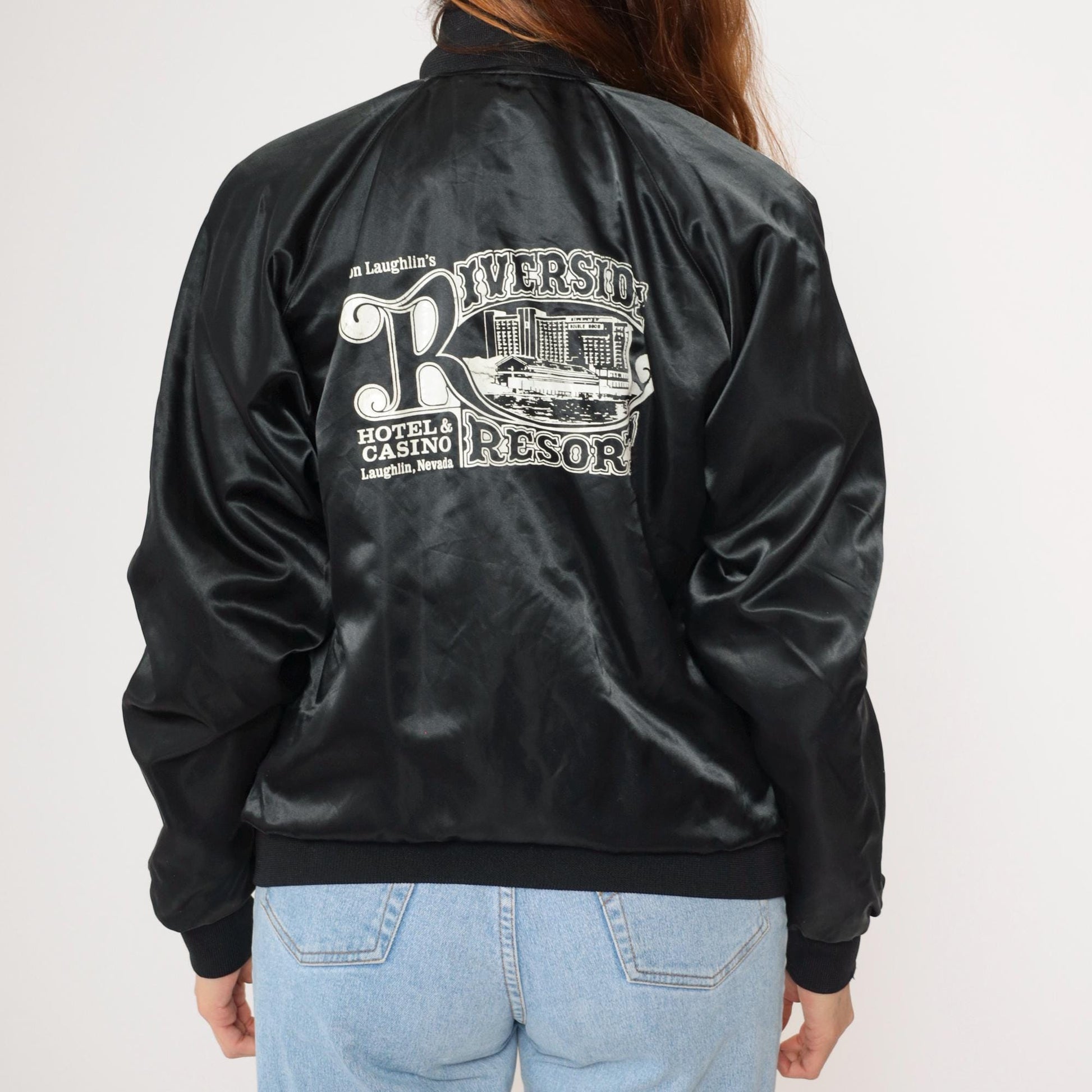 90s Riverside Resort Laughlin Nevada Satin Bomber Jacket Black Snap Small