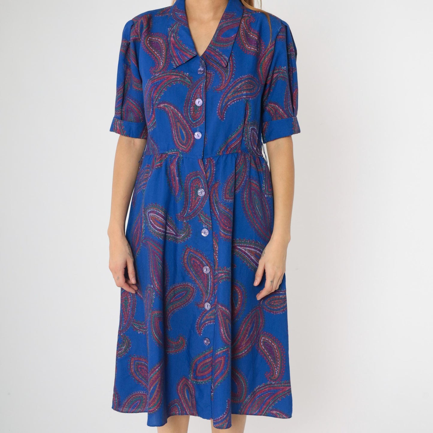 80s Paisley Midi Shirtdress Royal Blue High Waist Puff Sleeve Button Up Medium