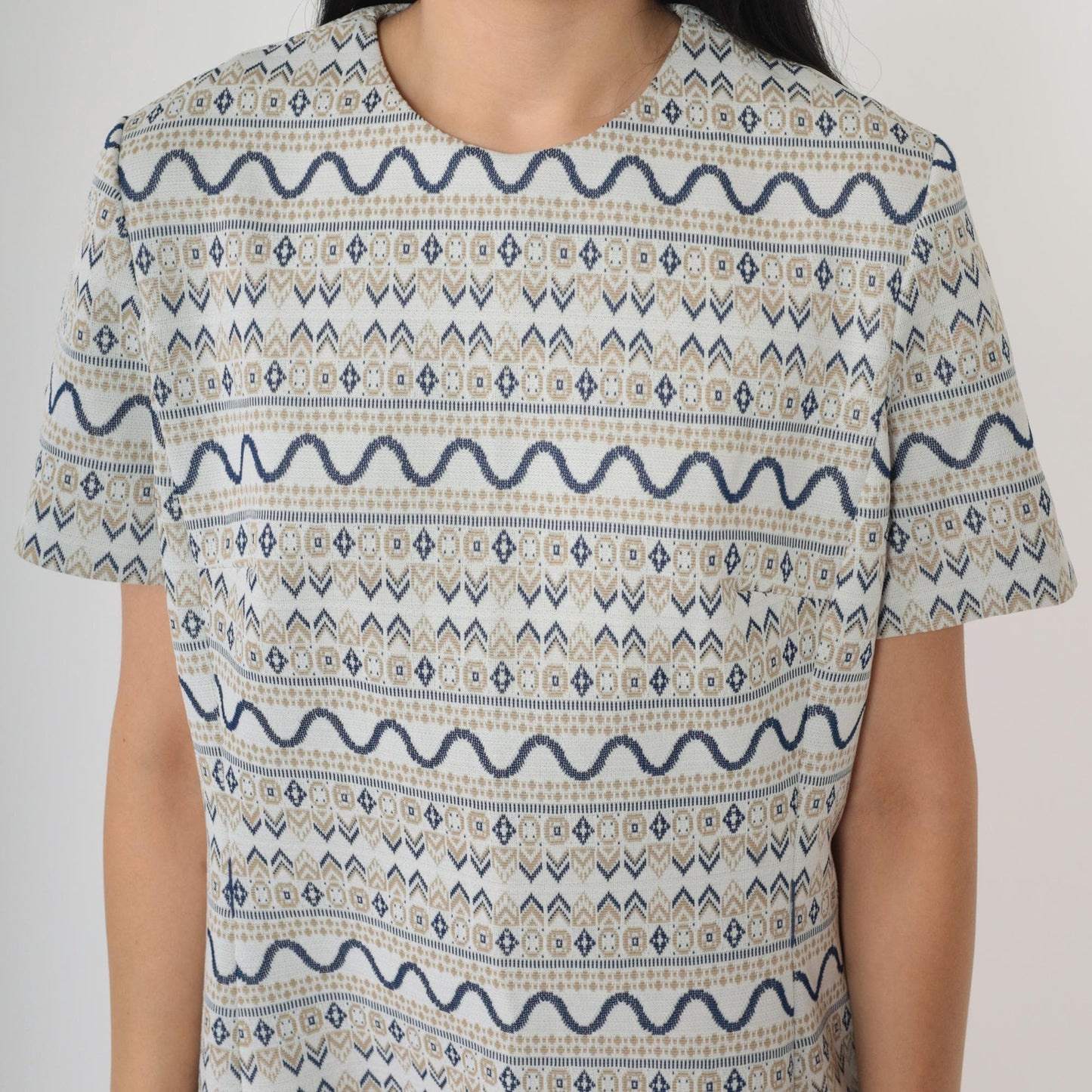 60s Geometric Shift Mini Dress Grey Navy Tan Short Sleeve Medium