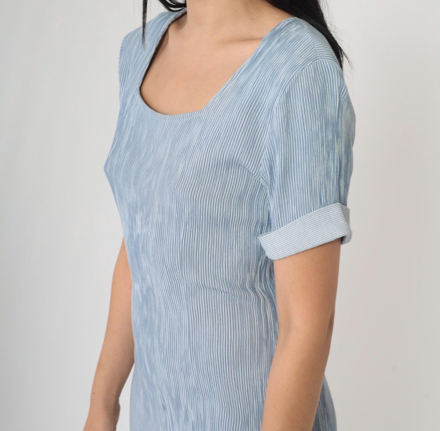 90s Blue White Striped Midi Sheath Dress Cuffed Sleeves Small S