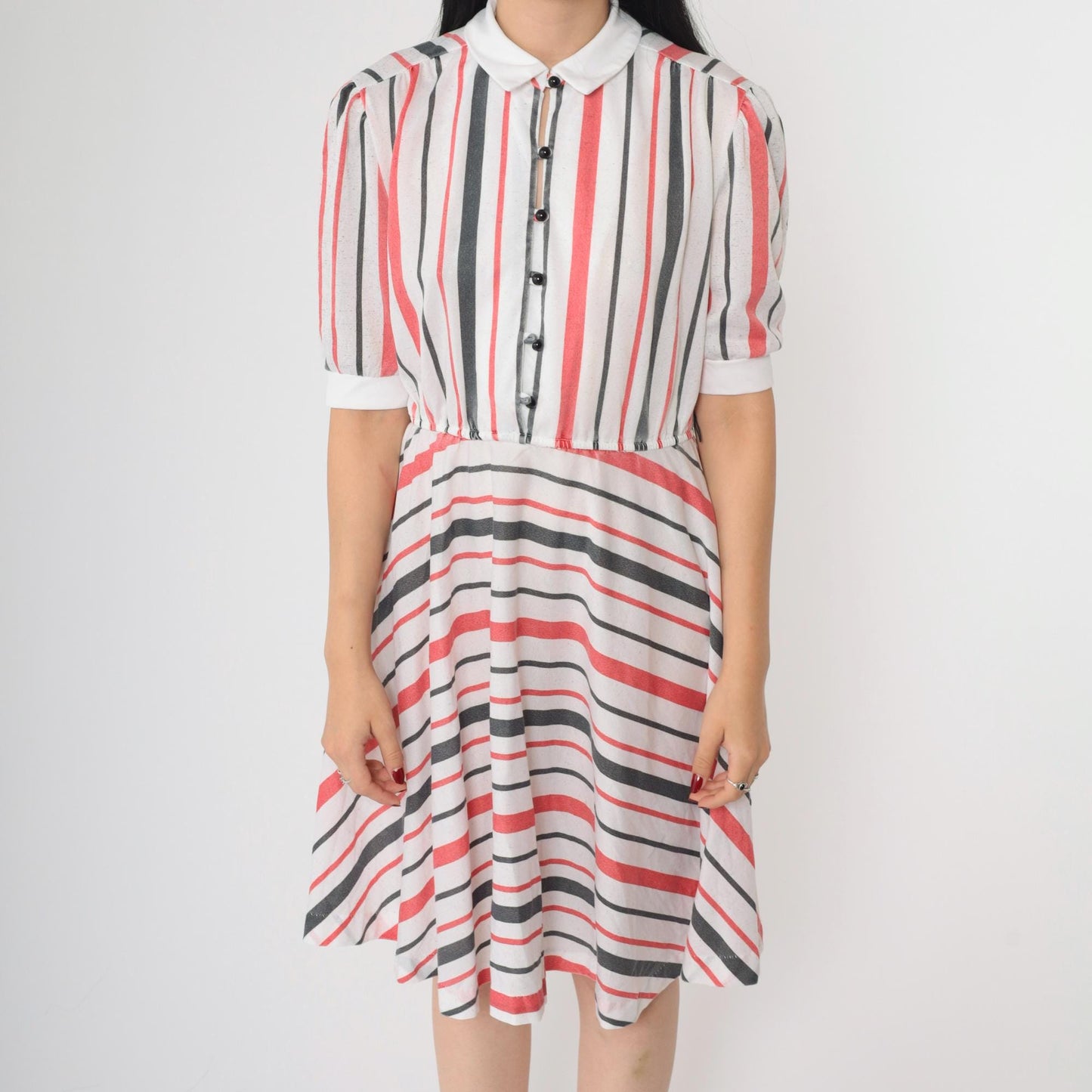80s Striped Puff Sleeve Dress White Red Black Knee Length Button Up Medium