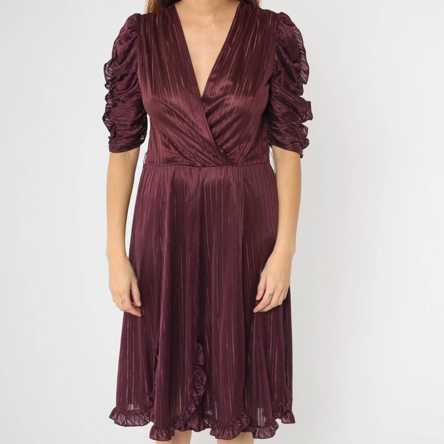 80s Plum Midi Dress Puff Sleeve Faux Wrap V-Neck Sheer Striped Medium M