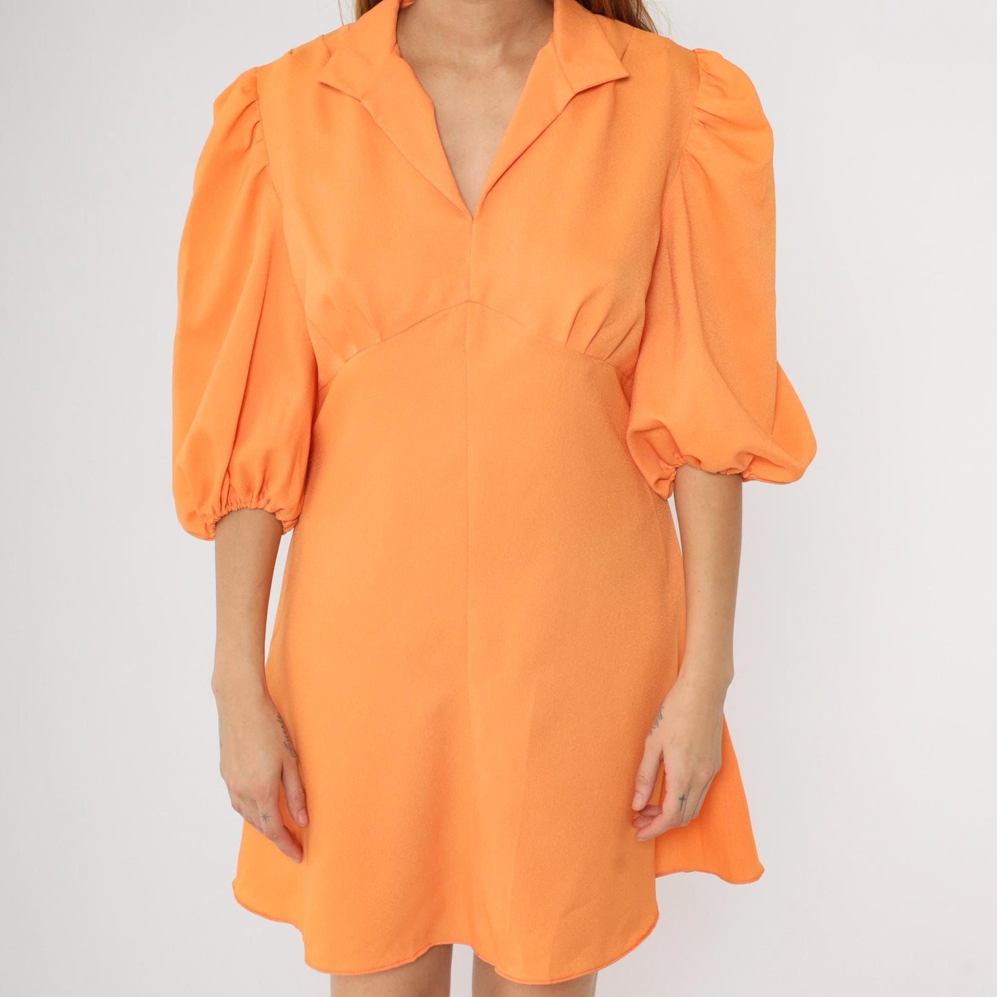 1970s Orange Puff Sleeve Babydoll Mini Dress Empire Waist Large L