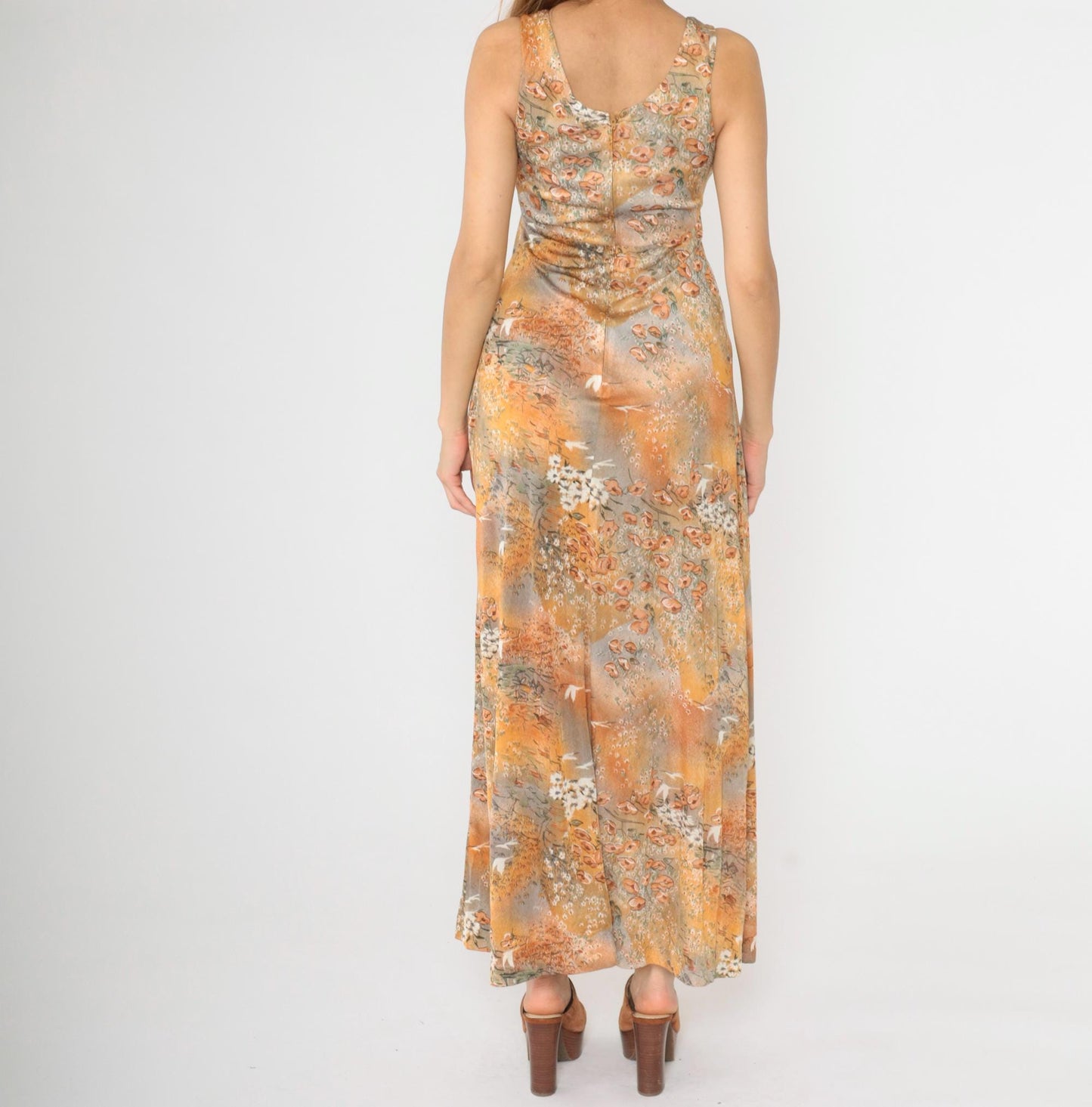 70s Floral Crane Print Maxi Dress Empire Waist V-Neck Grey Orange Small S