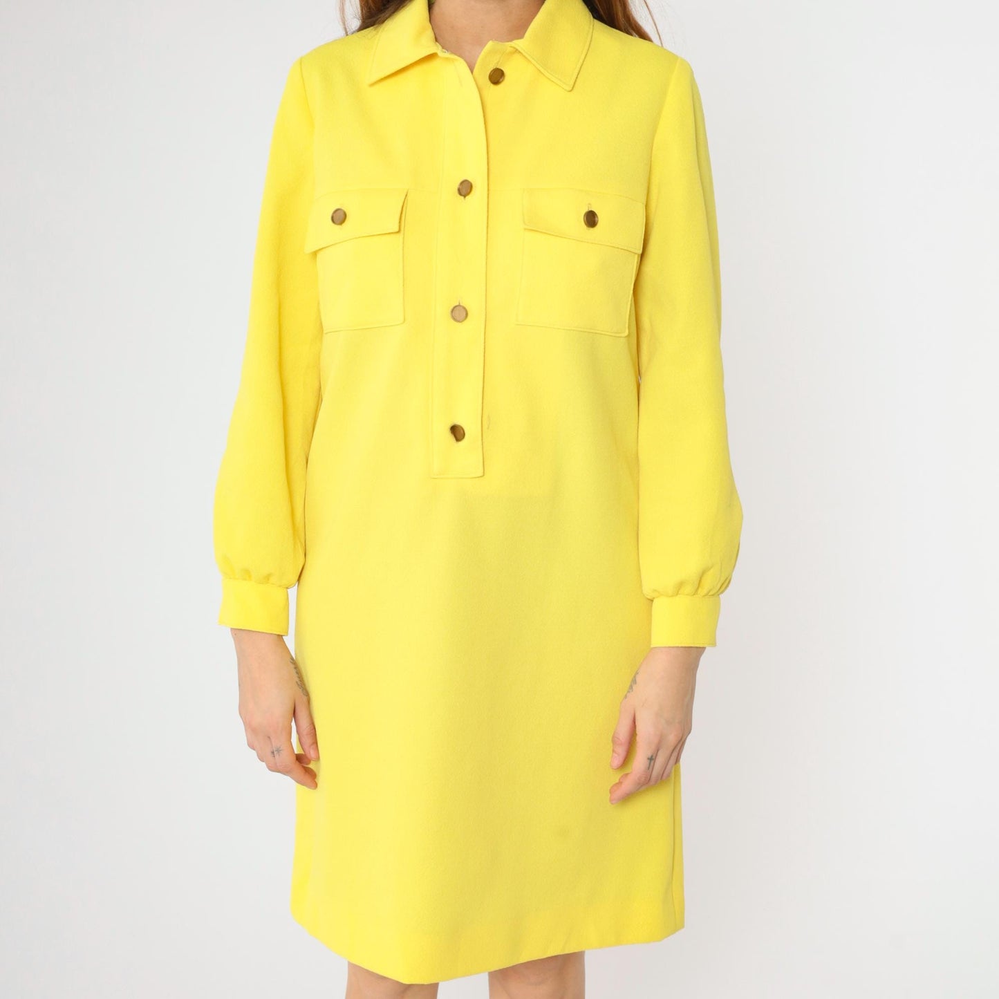 1970s L'Aiglon Yellow Knit Mod Shift Dress Button Front Pockets Small