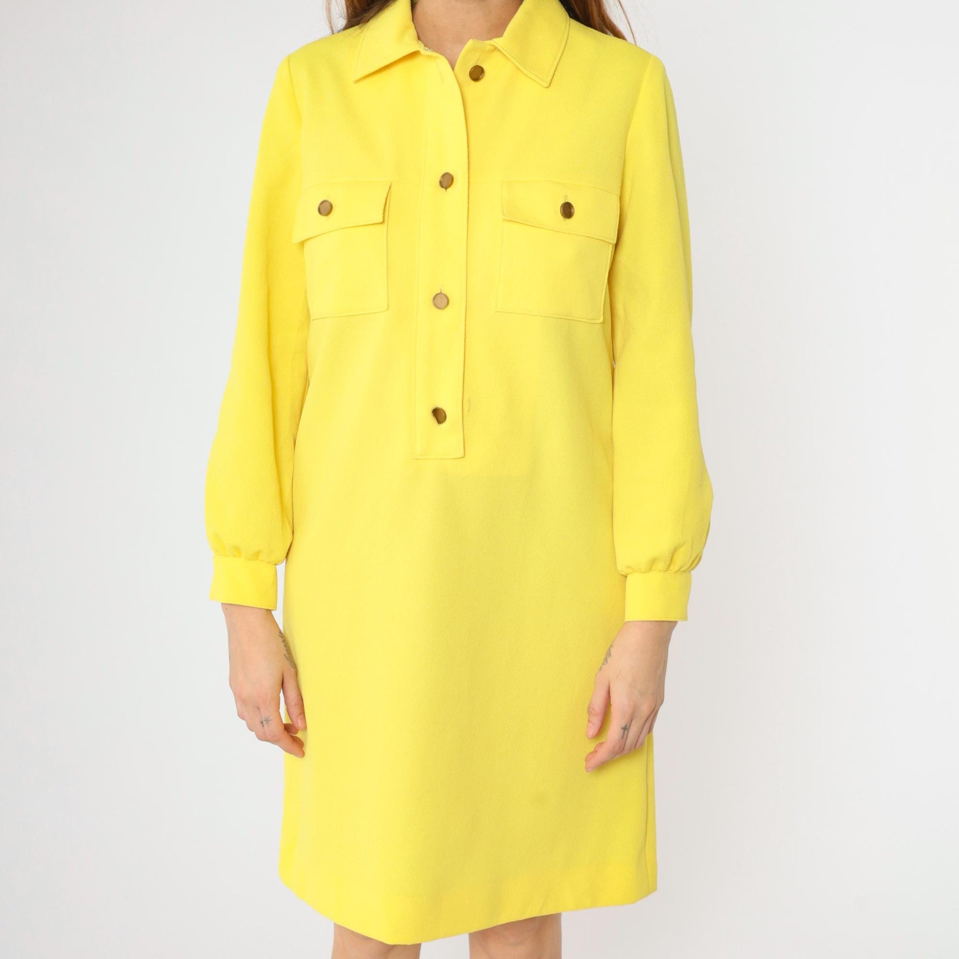 1970s L'Aiglon Yellow Knit Mod Shift Dress Button Front Pockets Small
