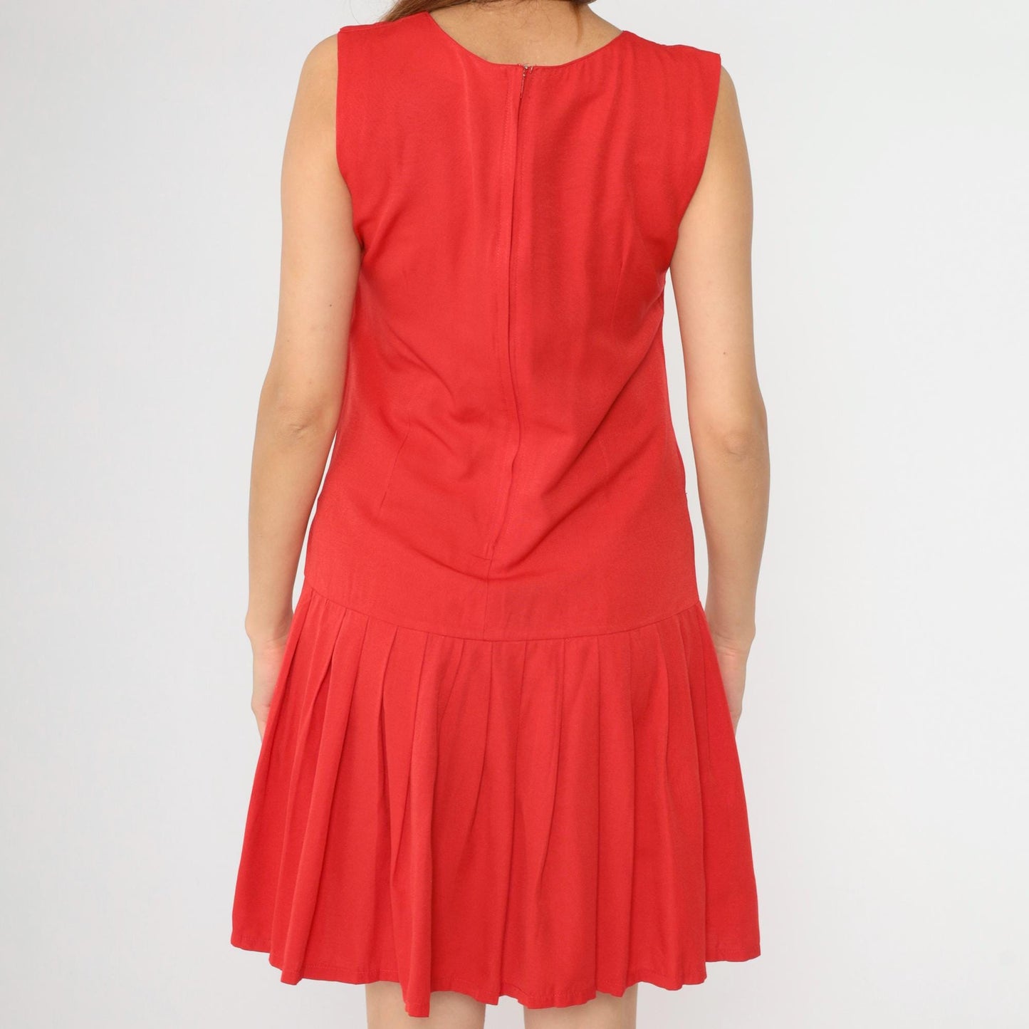 90s Red Mod Shift Dress Drop Waist Pleated Gold Accent Small S