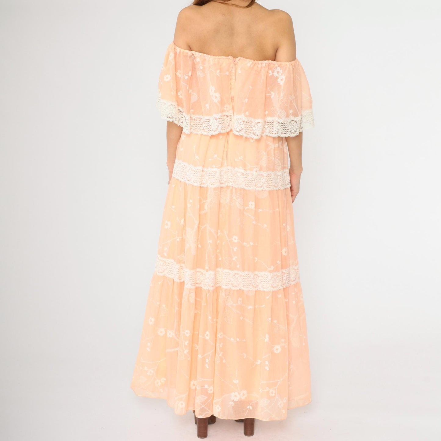 70s Peach Floral Off-Shoulder Maxi Dress Lace Tiered Peasant Small