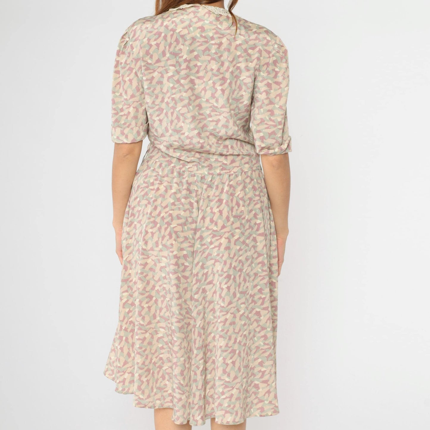 80s Jackie Taub Abstract Pastel Midi Dress Puff Sleeve Lace Collar Small