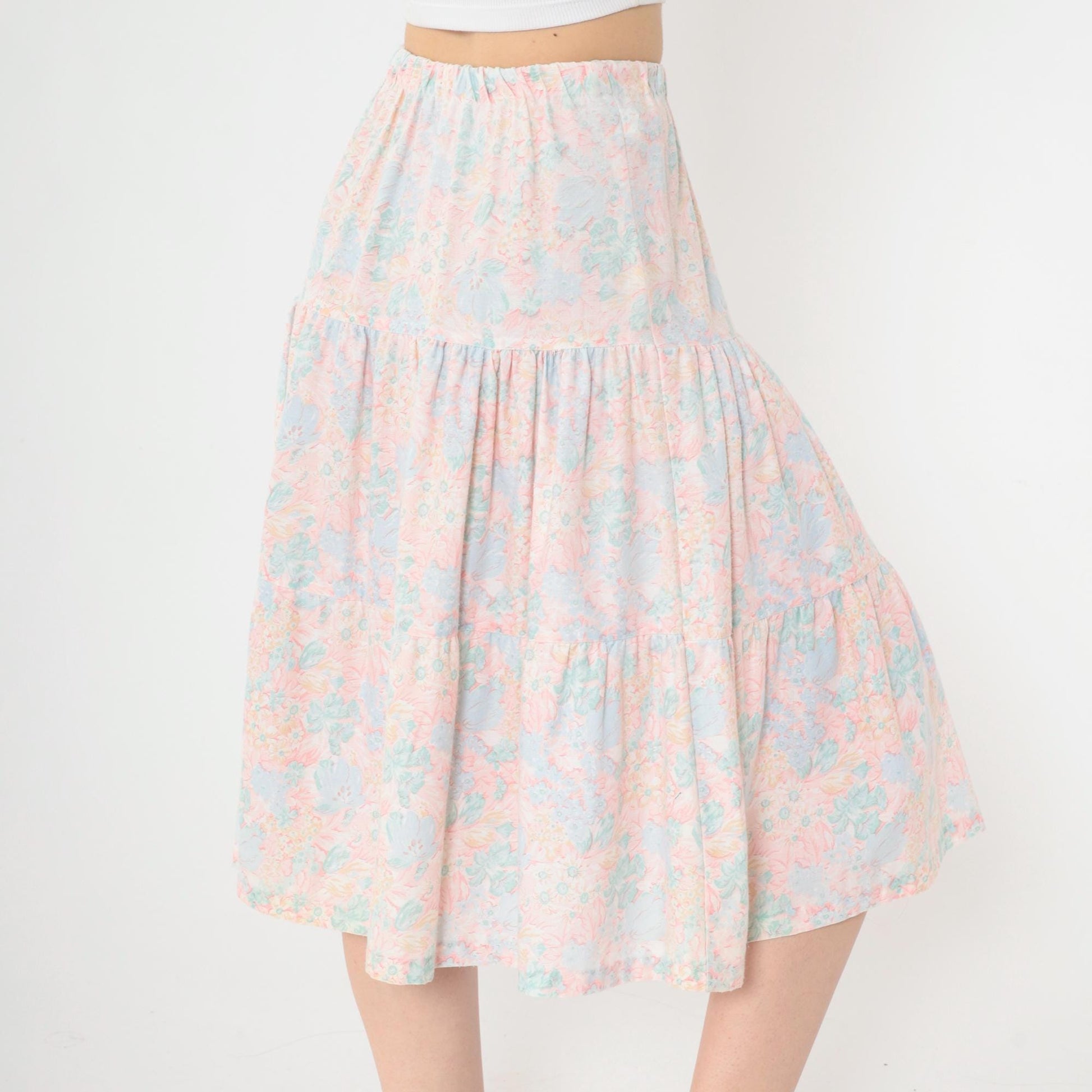 80s Pastel Floral Tiered Midi Skirt High Waist Pink Blue Small