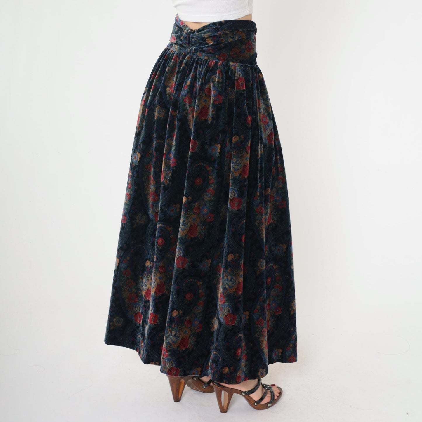 90s Floral Paisley Cotton Maxi Skirt Black Blue High Waist Small