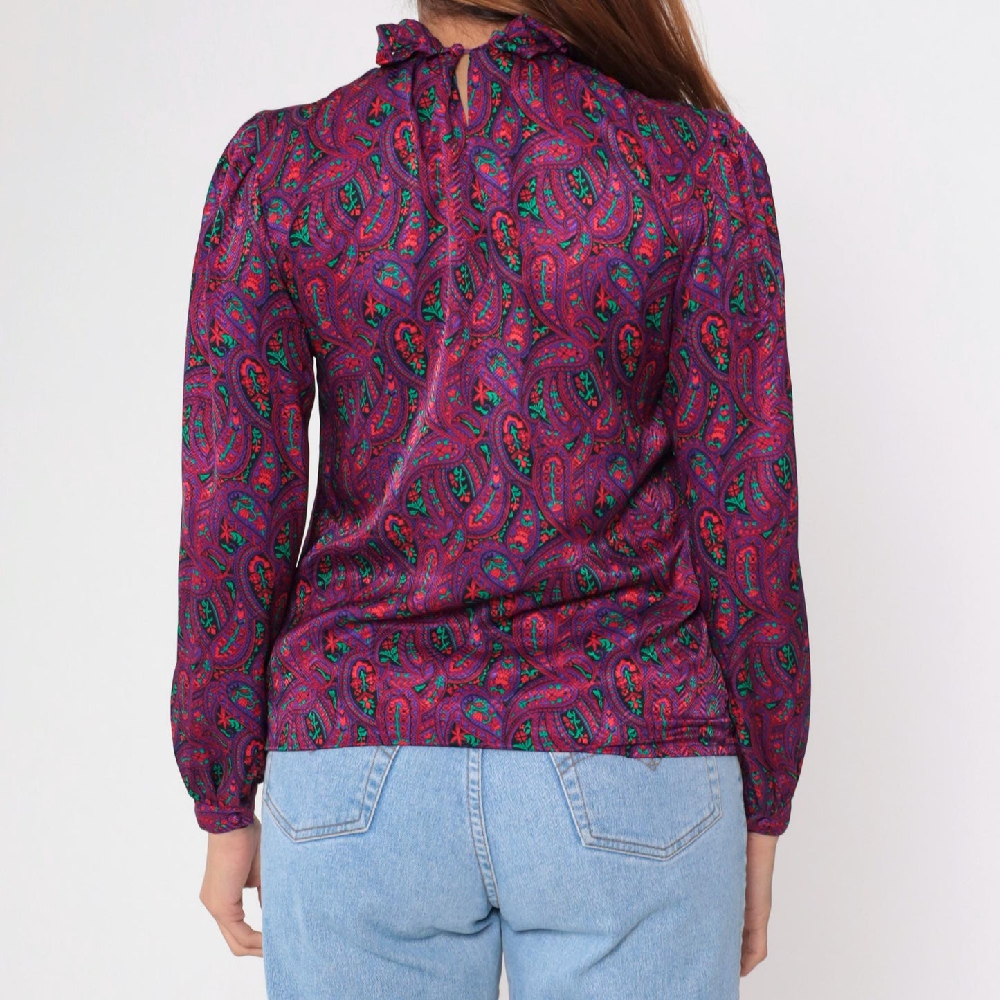 80s Paisley Necktie Blouse Red Purple Psychedelic Button-Up Long Sleeve Small