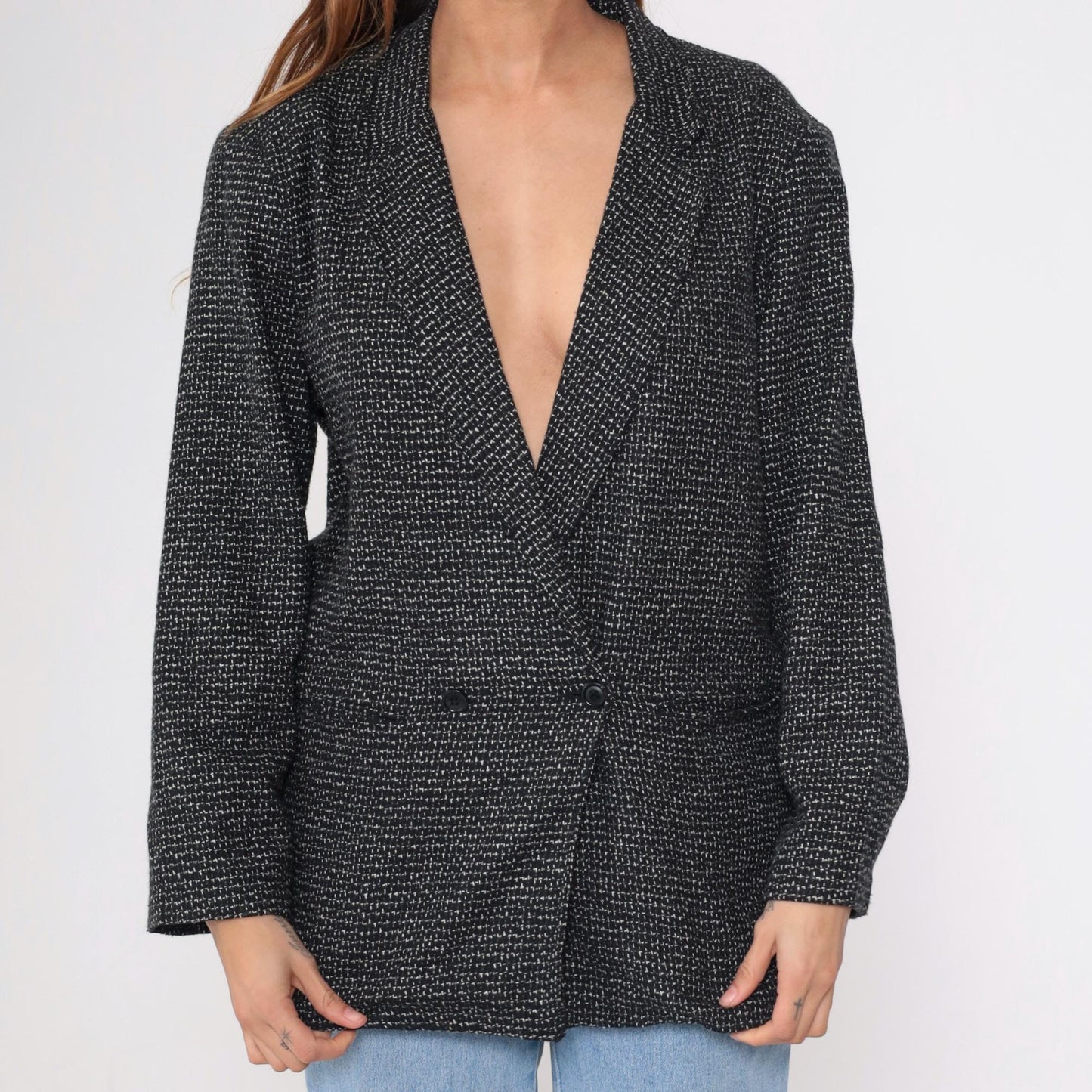 80s Black & White Textured Double-Breasted Blazer Deep V Neck Medium 36