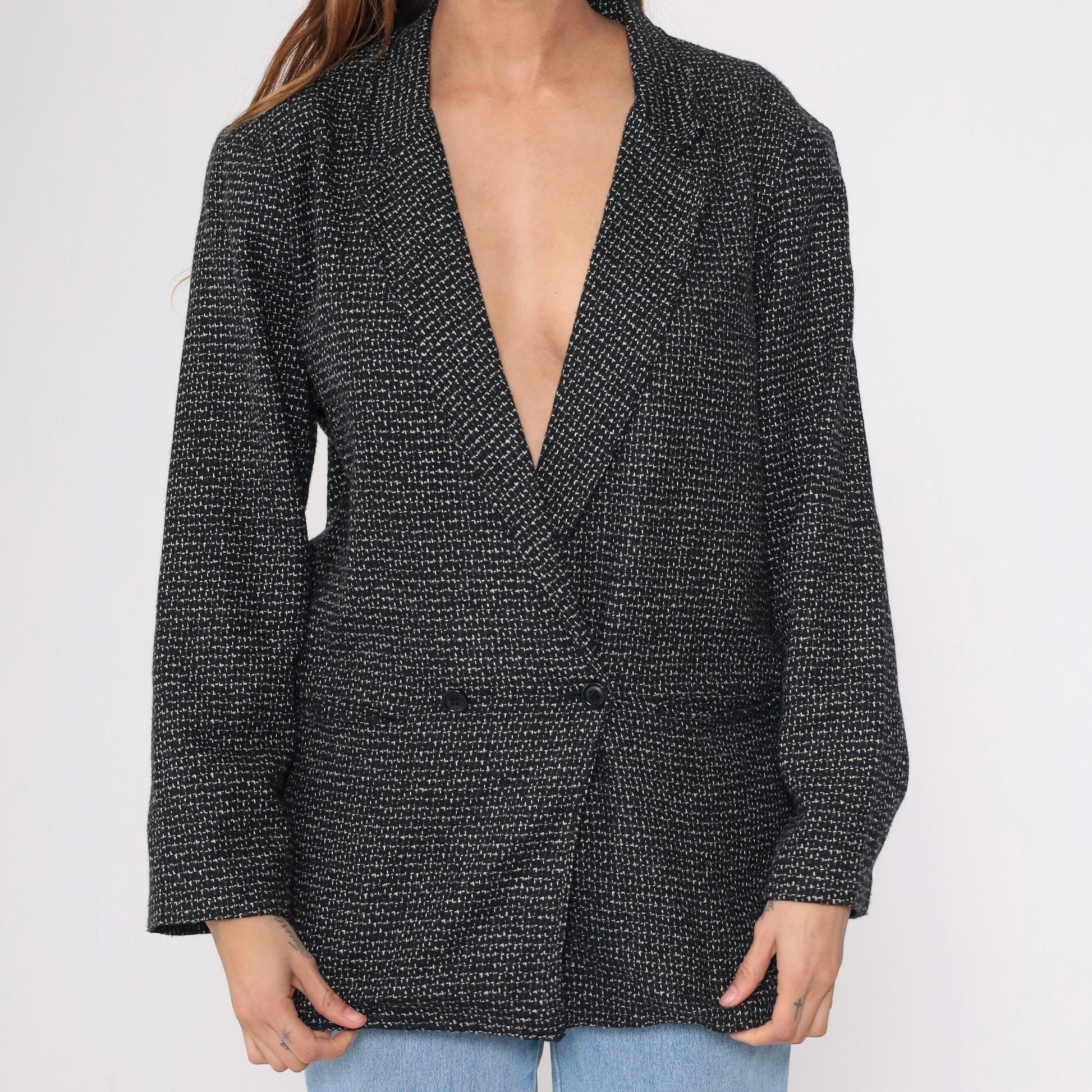80s Black & White Textured Double-Breasted Blazer Deep V Neck Medium 36