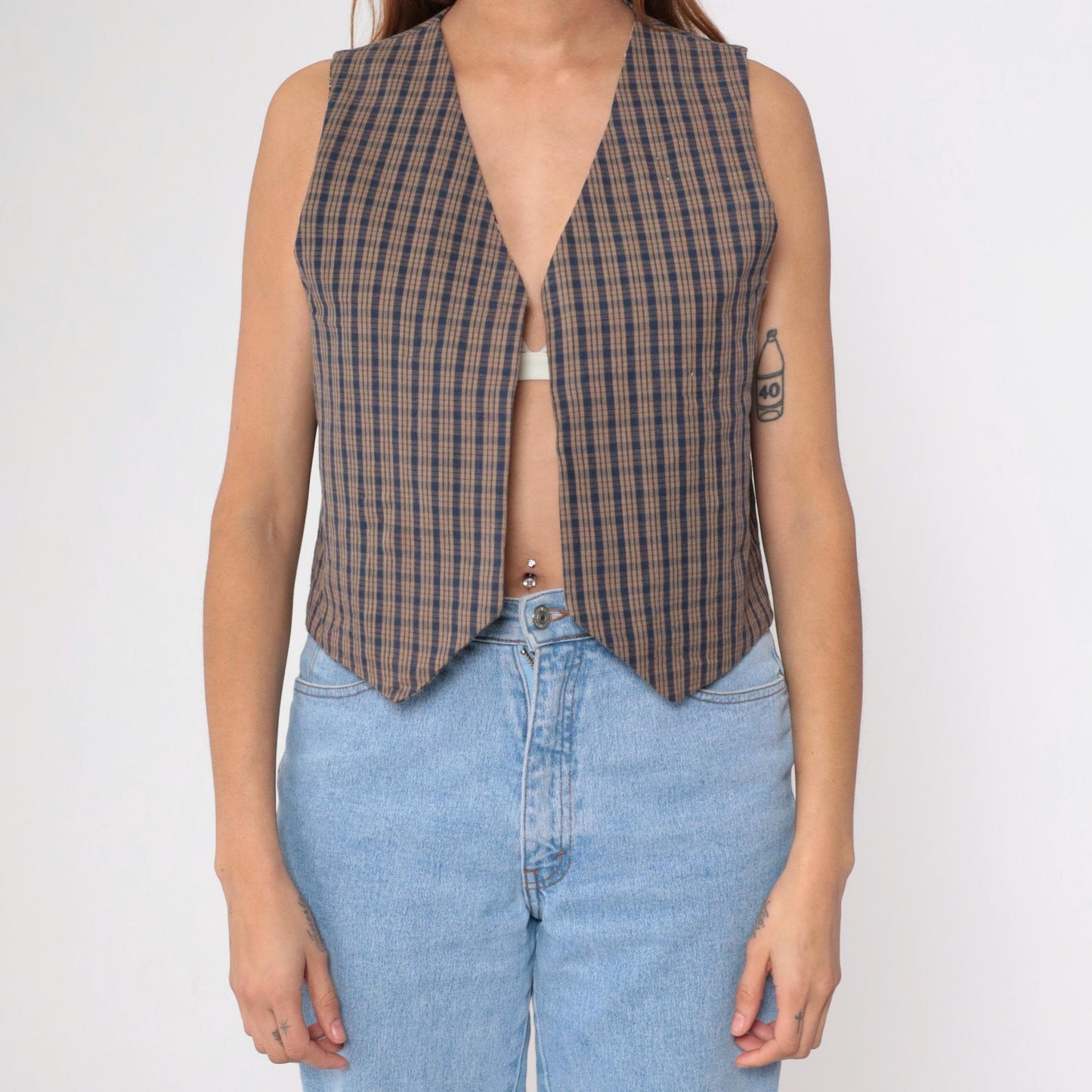 90s Reversible Patchwork Vest Chambray Plaid Floral Lace Heart Small