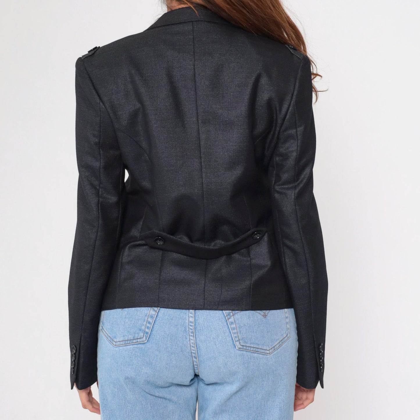 Y2K Black Fitted Blazer Military Epaulette Deep V Neck Button Up Extra Small