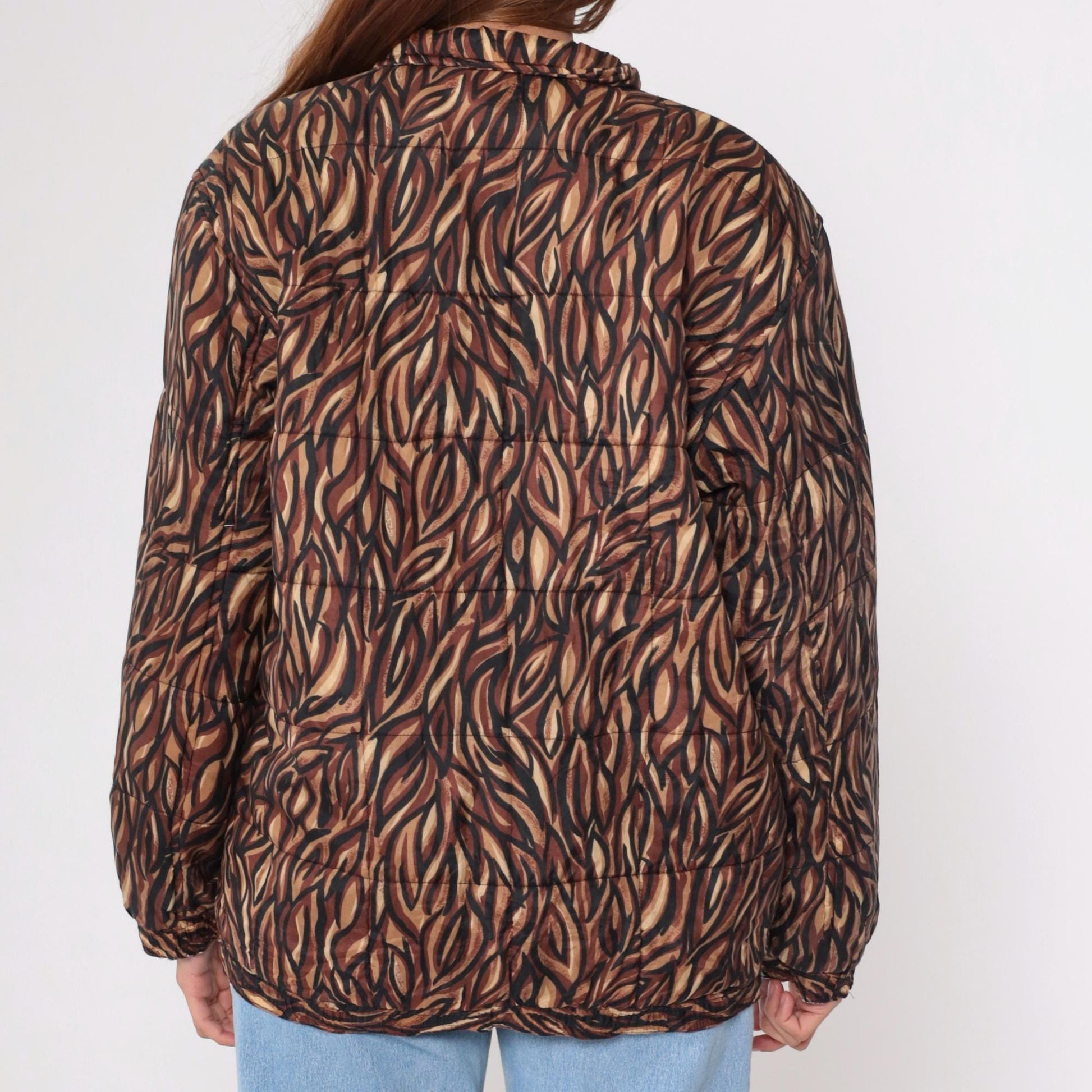 90s Clio Silk Puffer Jacket Abstract Animal Print Brown Medium