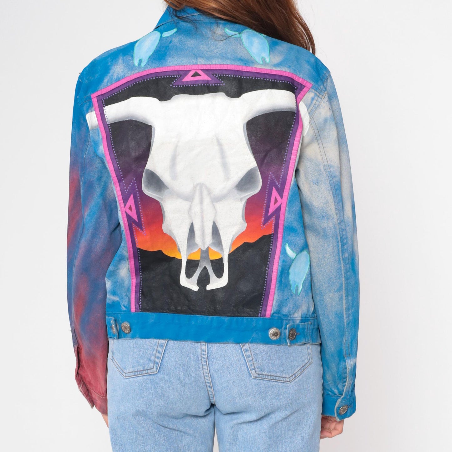 90s Airbrushed Denim Jacket Cow Skull Bison Print Western Blue Medium M