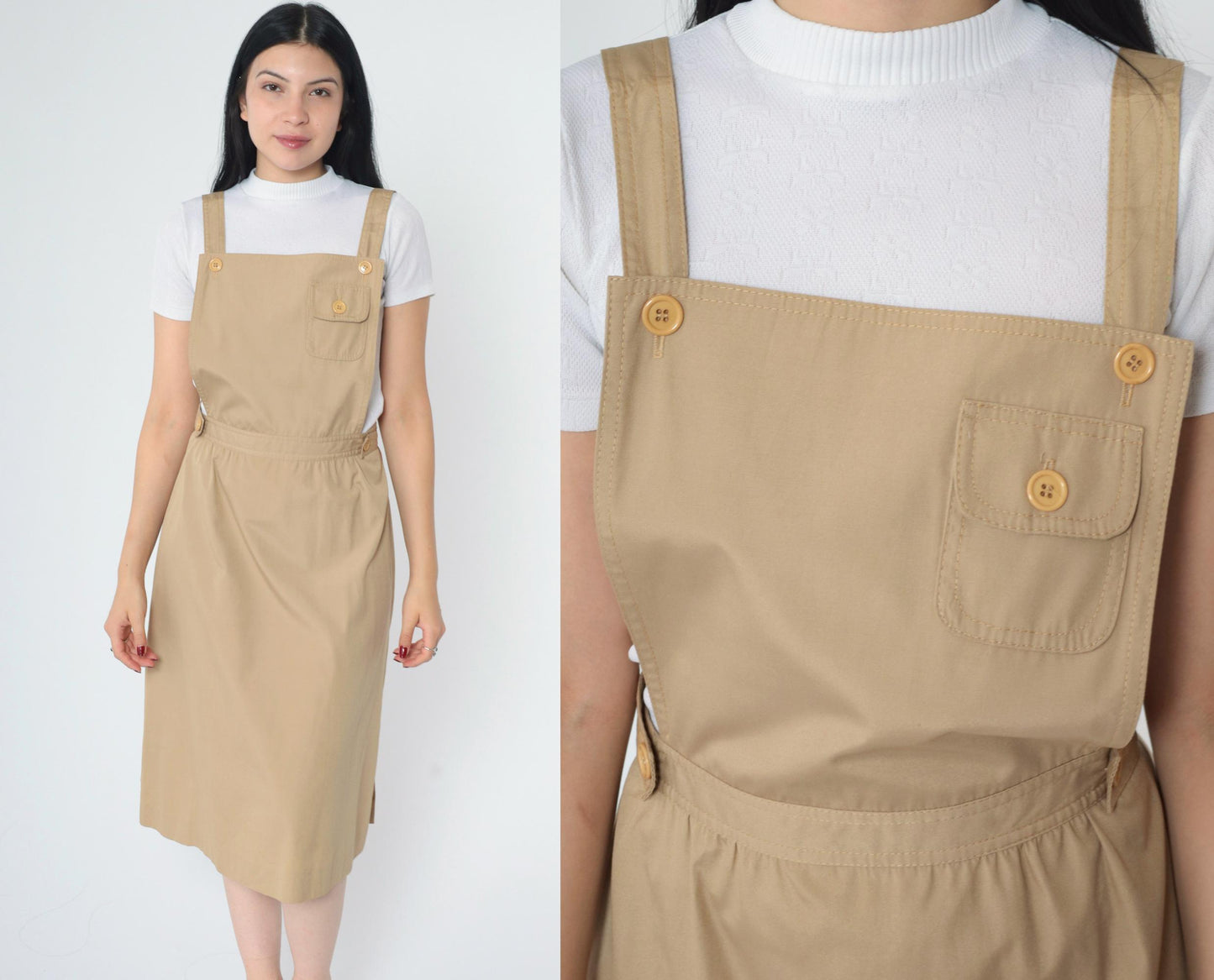 70s Khaki Midi Pinafore Dress High Waist Sleeveless Pockets Small