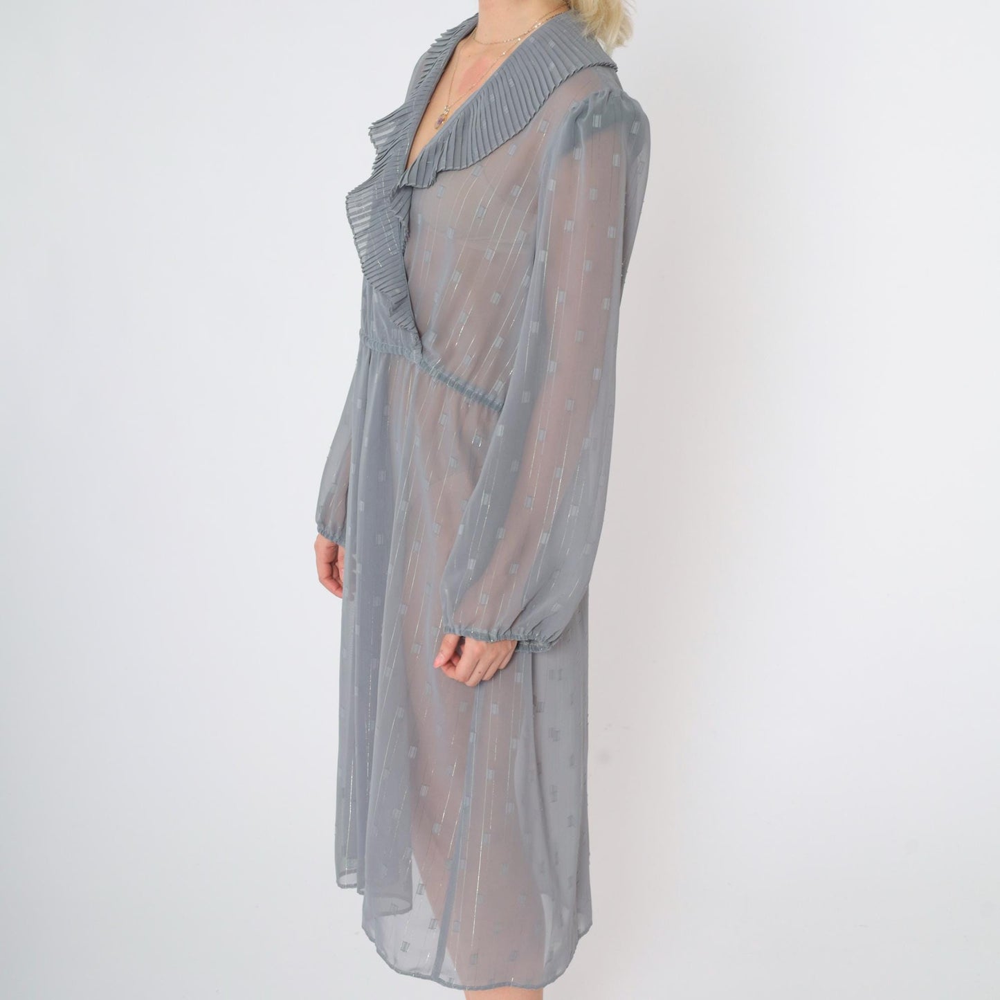 80s Donna Morgan Sheer Grid Midi Dress Grey Metallic Puff Sleeve Deep V Large